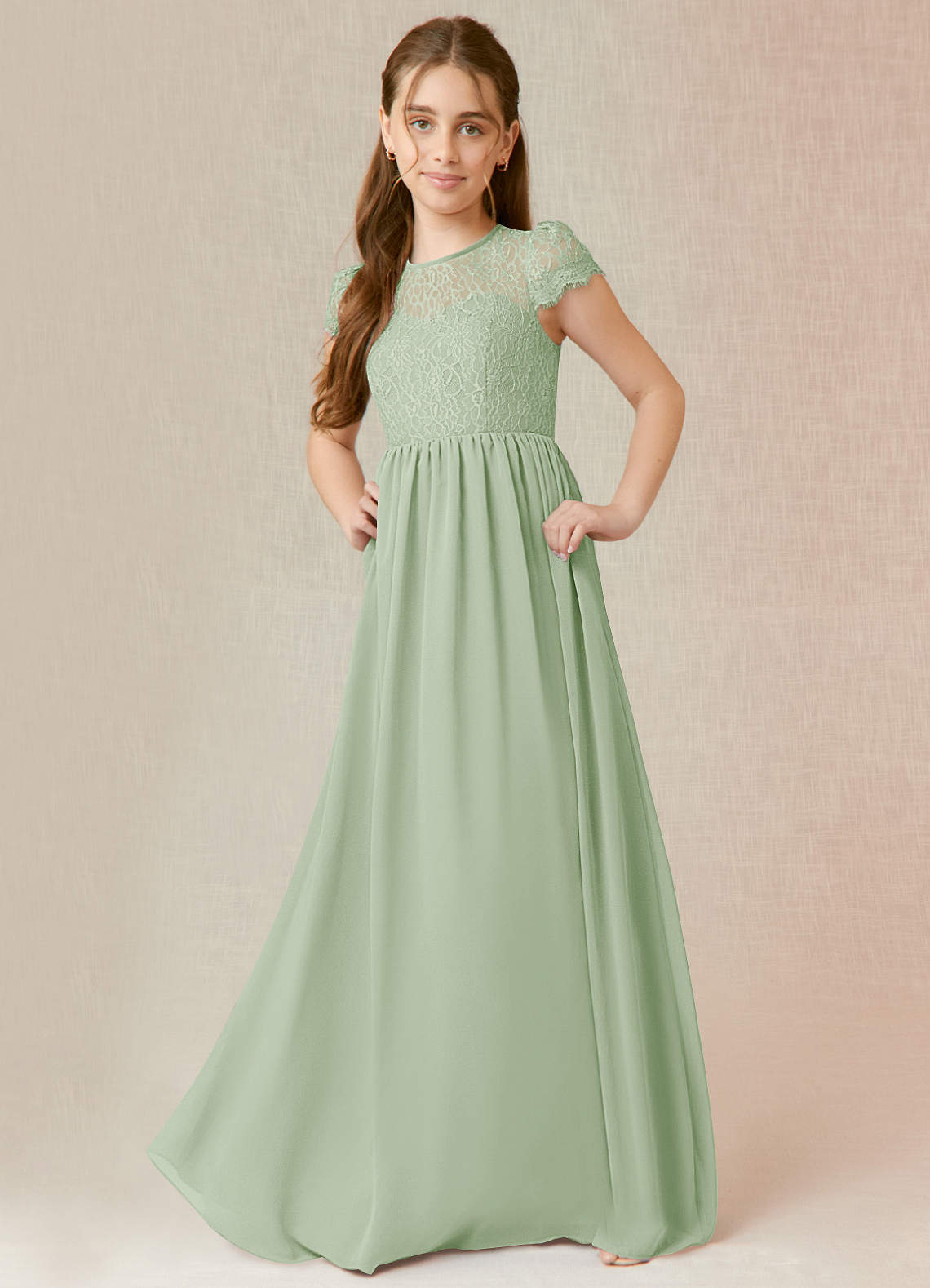 Azazie Delevingne Junior Jurk van Chiffon met A-Lijn Kant Stoffige Salie image1