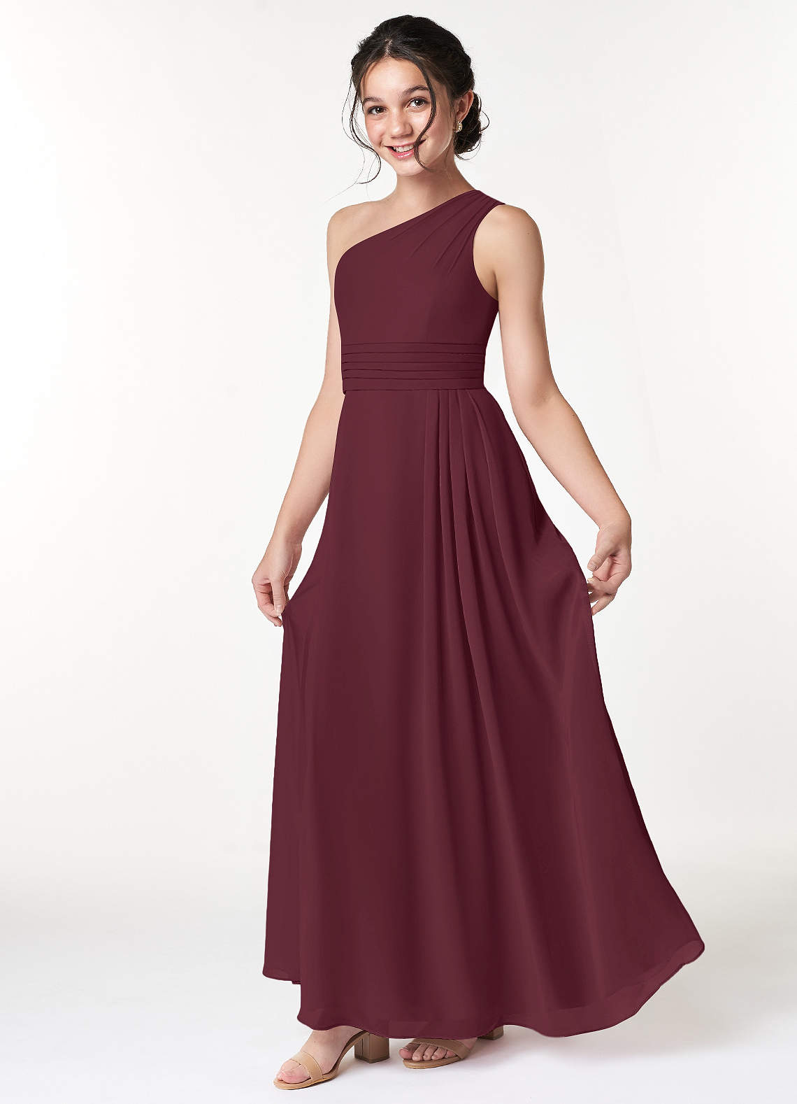 Azazie Cleo Junior A-Linie Plissee Chiffon Kleid Cabernetrot image1