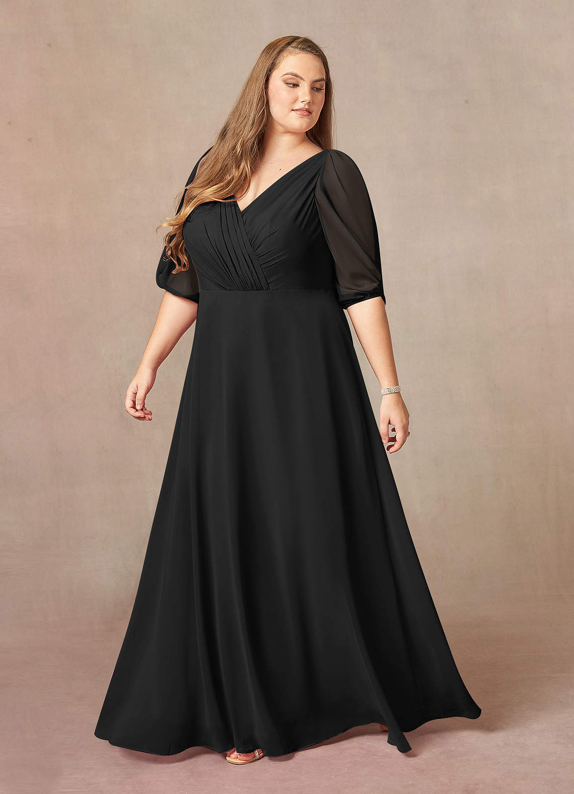 Azazie Bronwyn Black A-Line V-Neck Ruched Chiffon Dress | Azazie DE Azazie Bronwyn Black A-Line V-Neck Ruched Chiffon Dress | Azazie DE