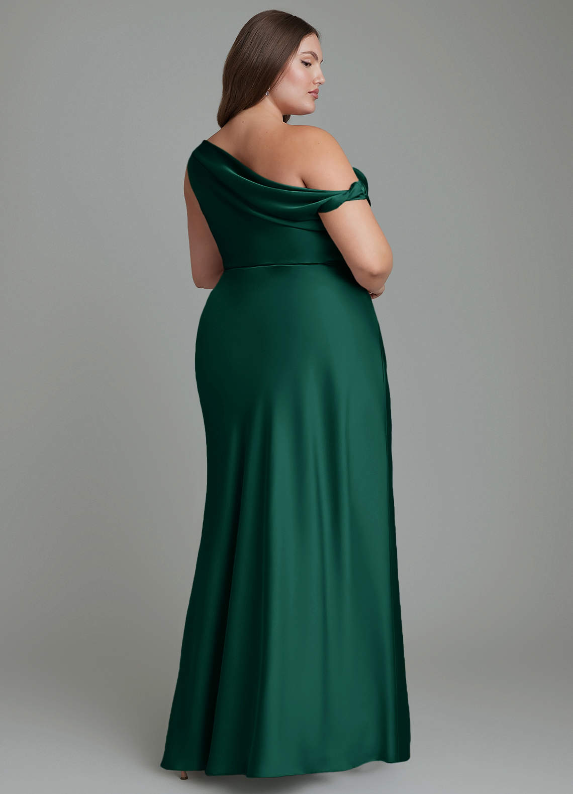Azazie Emerson At-home Try On Dresses Emerald Mermaid Off the Shoulder Stretch Satin Dress image8