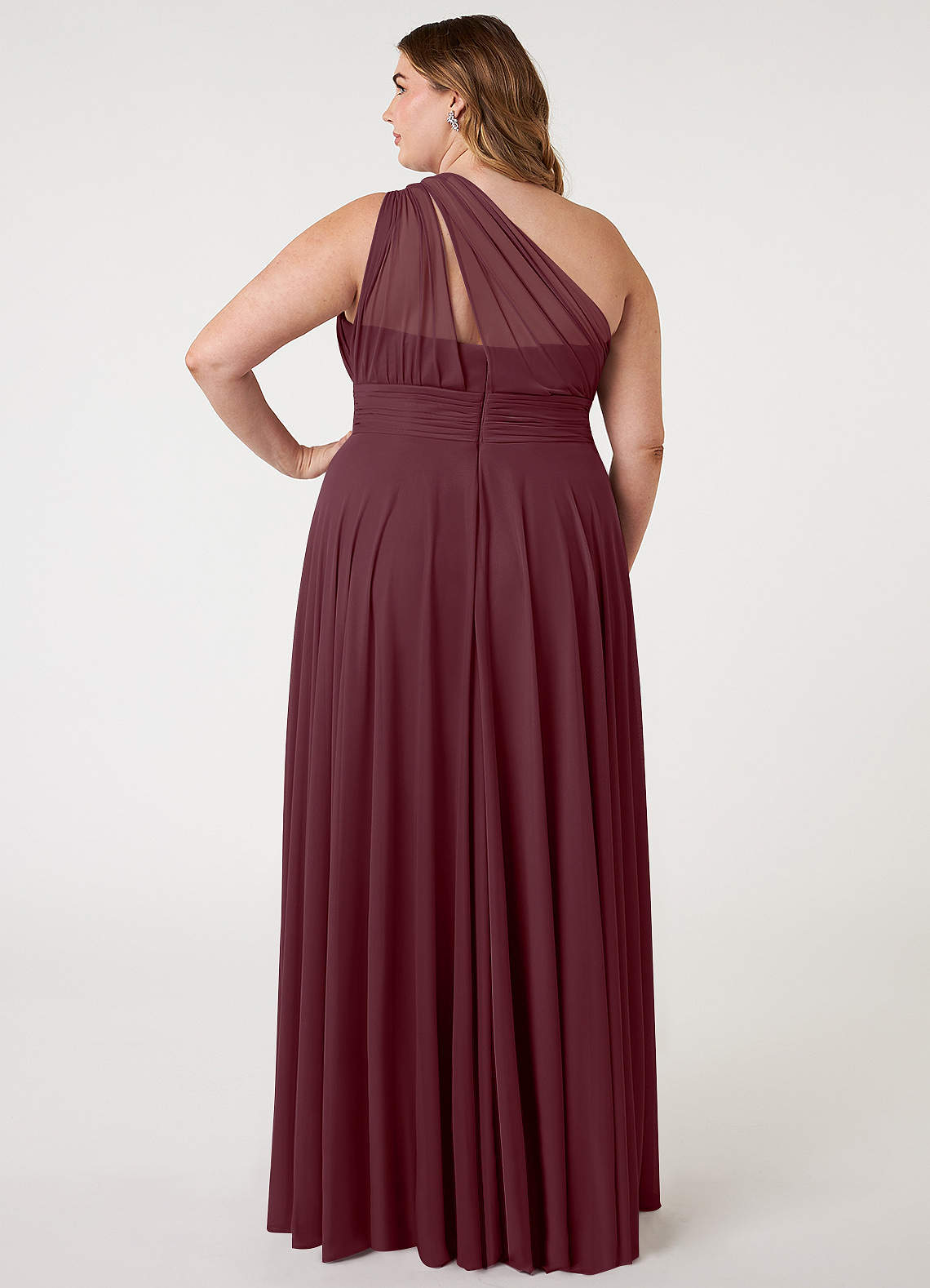 Azazie Charlize Vestidos de damas de honor Vestido de Cabernet de Malla de Corte en A con Hombro unilateral image6