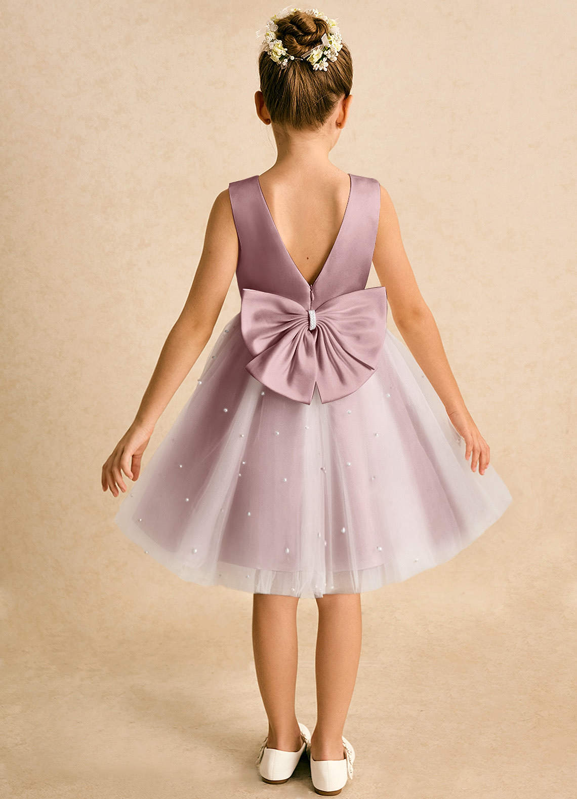 Azazie Esme Robe Demoiselle D'honneur Fillette Robe Princesse en Tulle Arc Rose Poussiéreuse image1