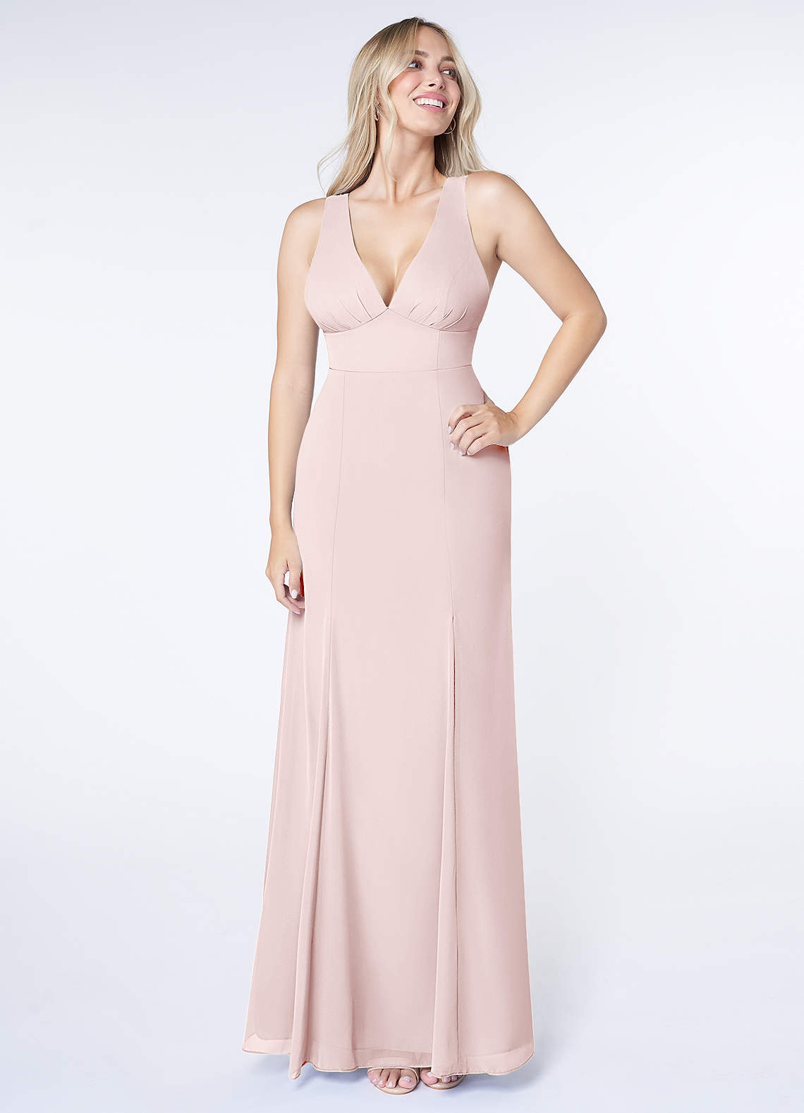 Azazie Christiana Bridesmaid Dresses Blushing Pink A-Line V-Neck Pleated Chiffon Dress image1