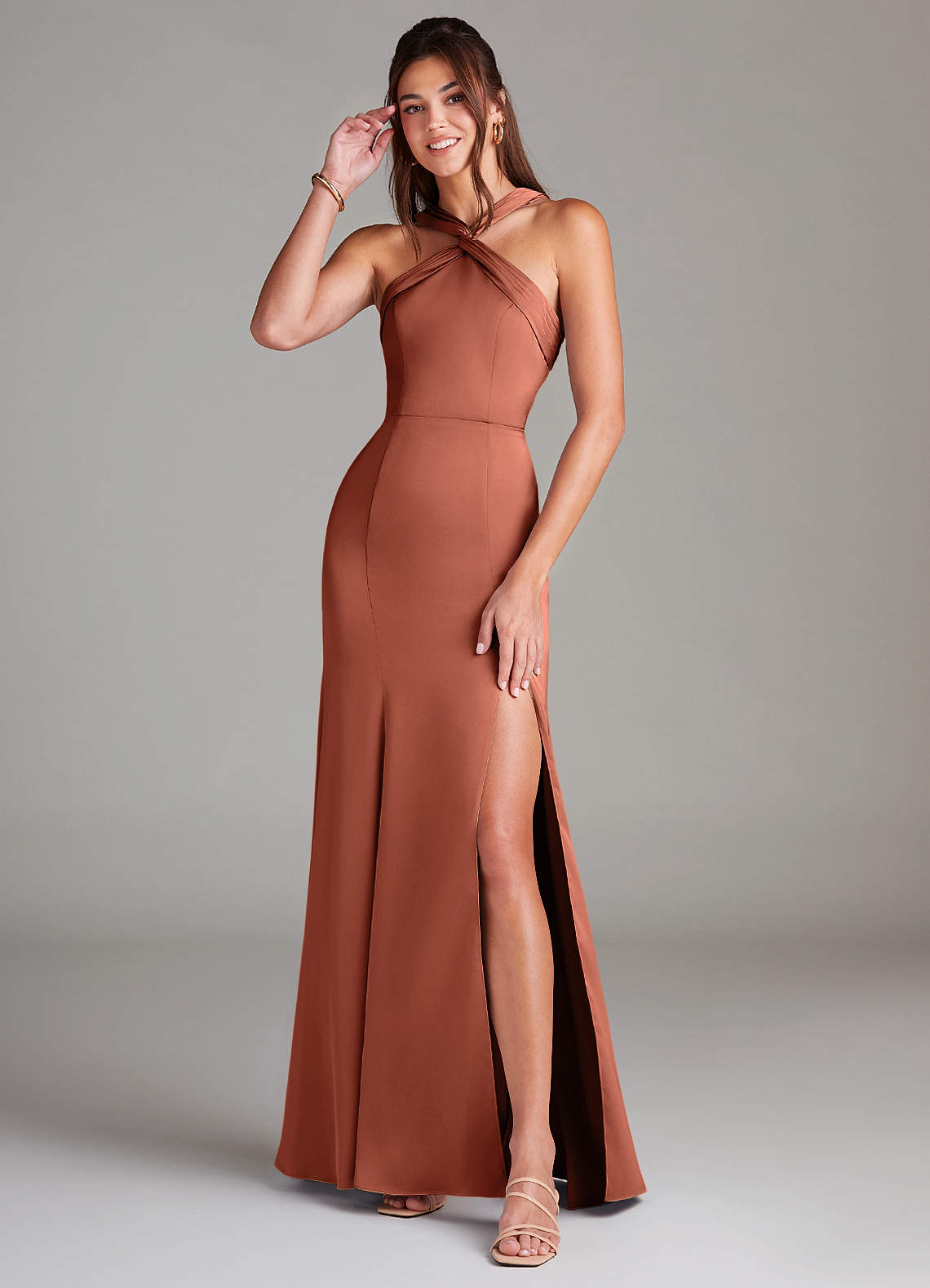 Azazie Rue Bridesmaid Dresses Clay A-Line Pleated Stretch Satin Dress image1