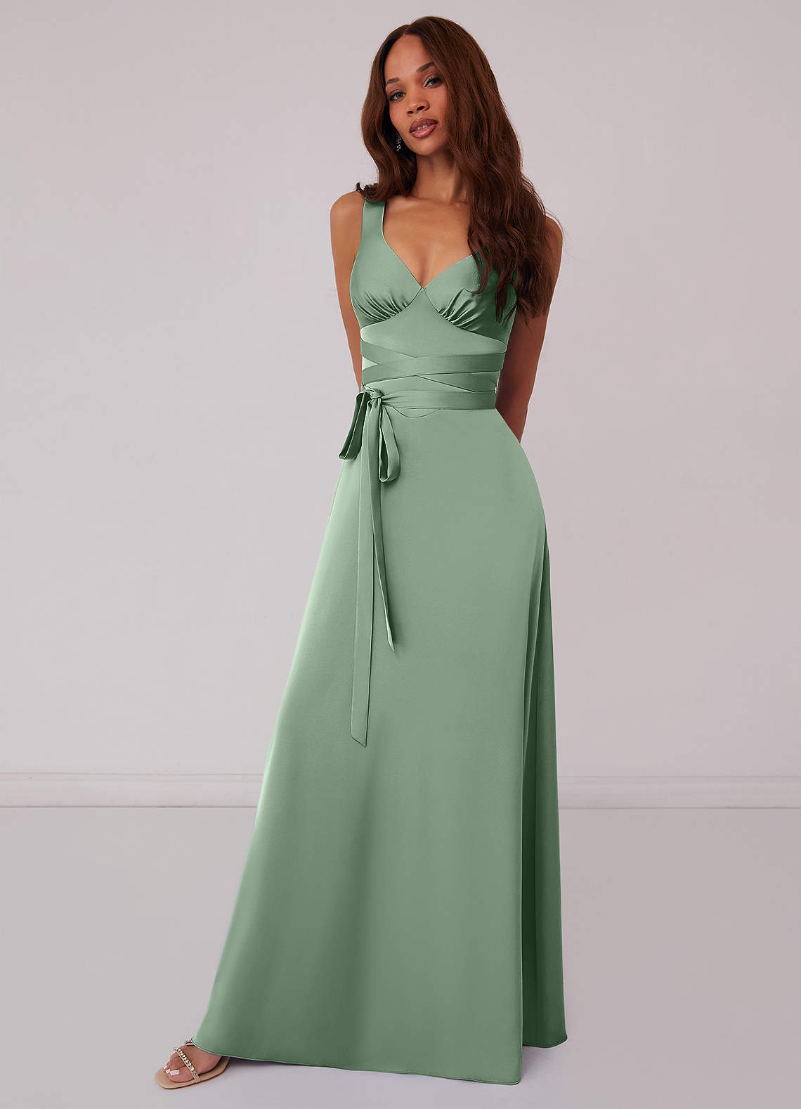 Barbie ♥ Azazie Bridesmaid Dresses V-Neck Empire Dropwaist Stretch Satin A-Line Dress image1