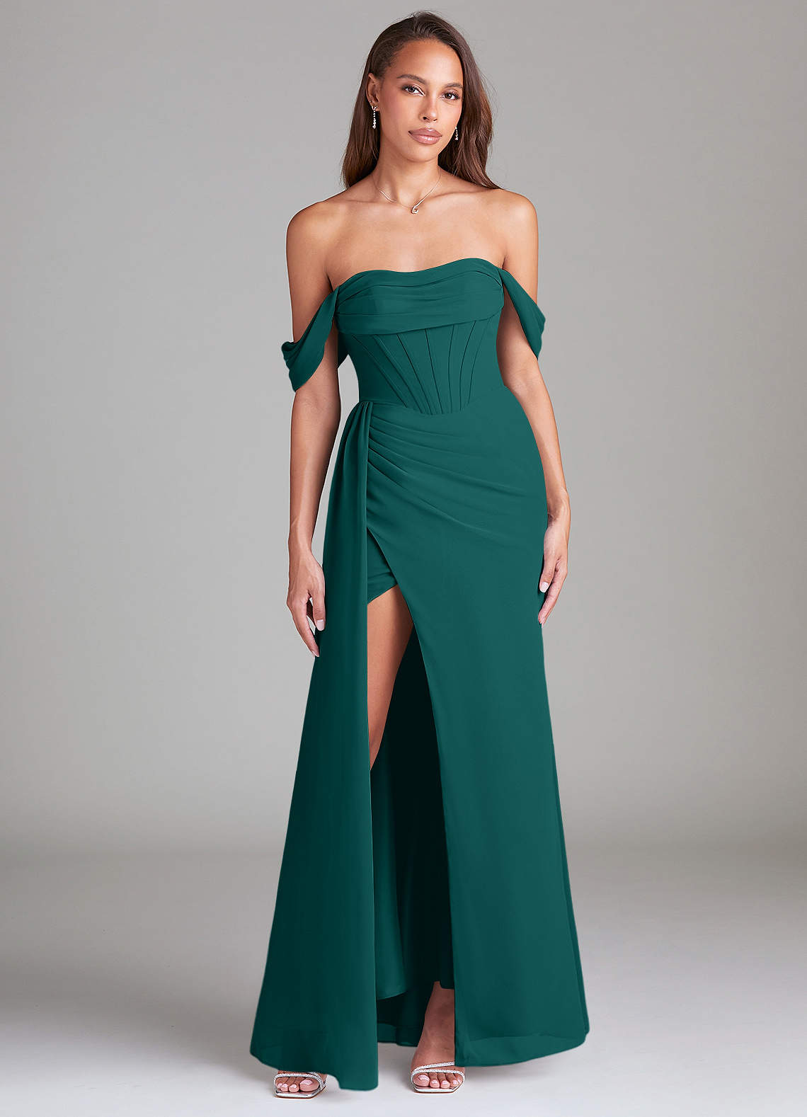Azazie Amyra Bridesmaid Dresses Peacock Sheath Off the Shoulder Chiffon Convertible Dress image1