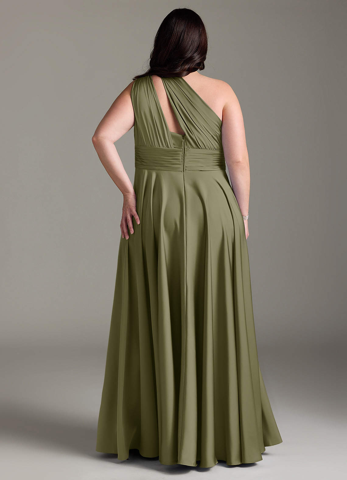 Azazie Charlize Bridesmaid Dresses Pistachio A-Line One Shoulder Stretch Satin Dress image9