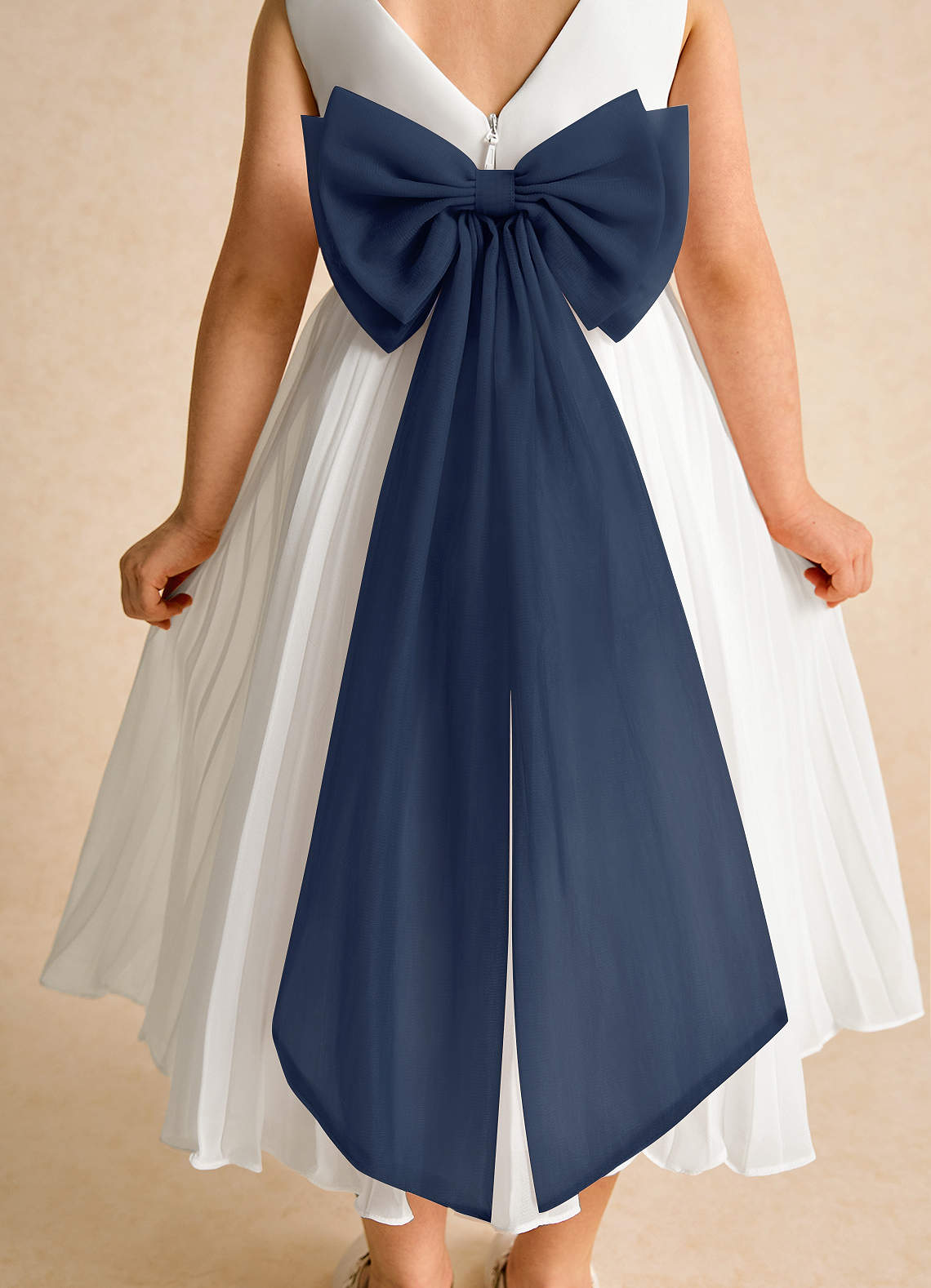 Azazie Margot Flower Girl Dresses Ivory Dark Navy A-Line Pleated Chiffon Dress image7
