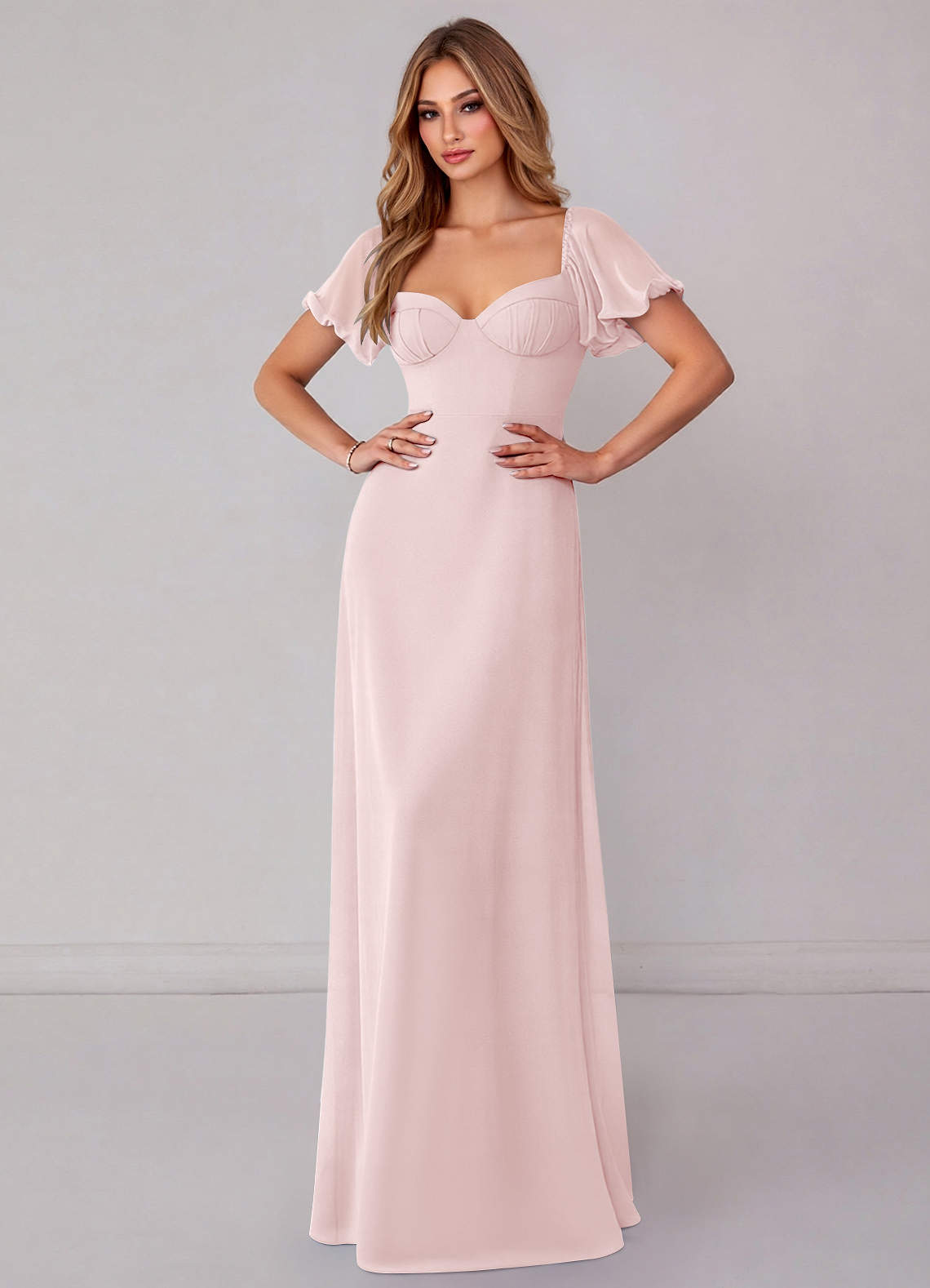 Azazie Fatima Bridesmaid Dresses Blushing Pink A-Line with Pockets Chiffon Dress image1