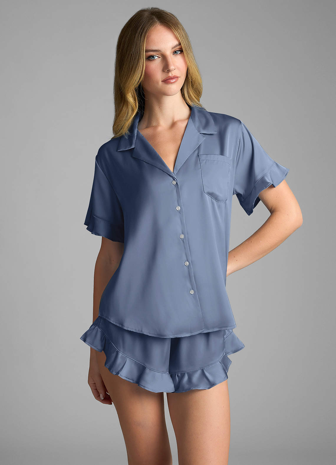 front Ruffled Short Sleeve Pajama Set