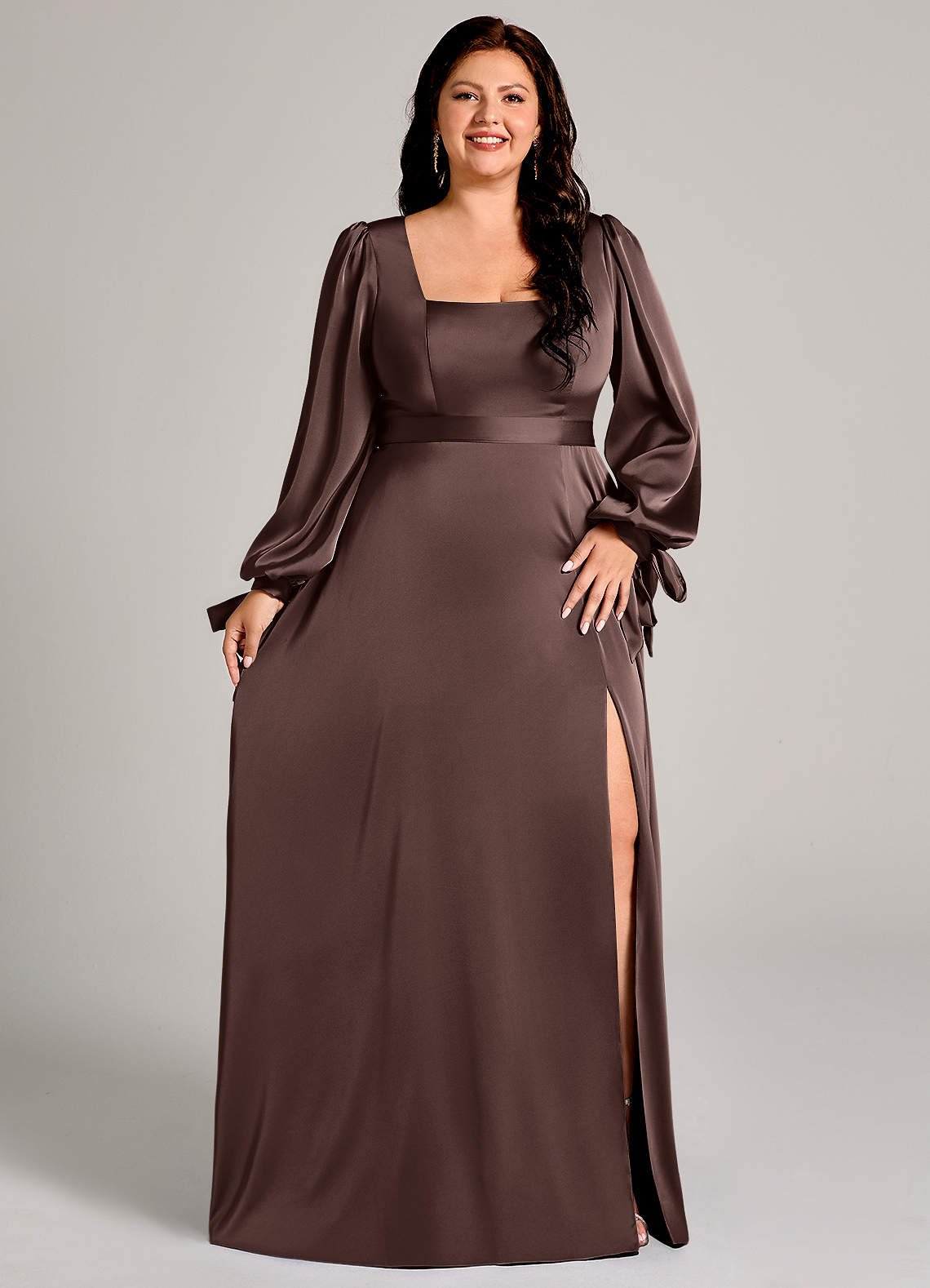 Azazie Leonia Bridesmaid Dresses Ganache A-Line Long Sleeve Stretch Satin Dress image10
