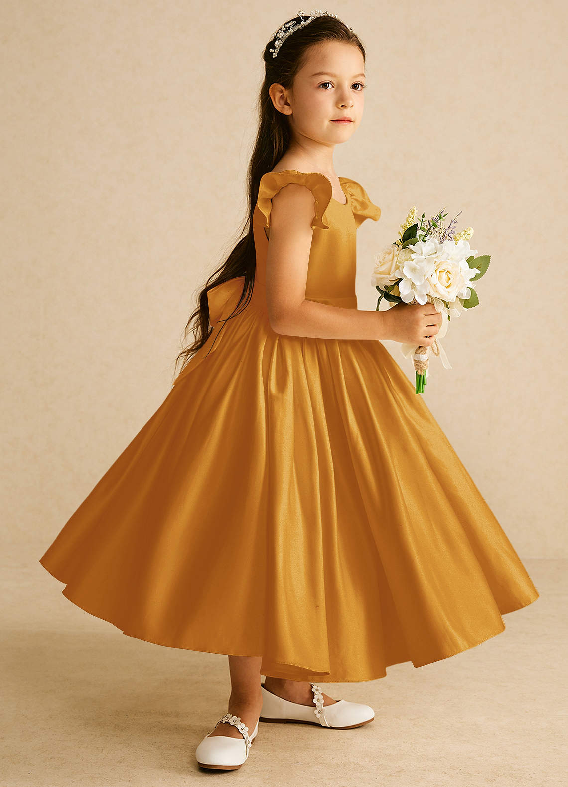 Azazie Ball Gown Scoop Tea Length Matte Satin Flower Girl Dresses butterscotch