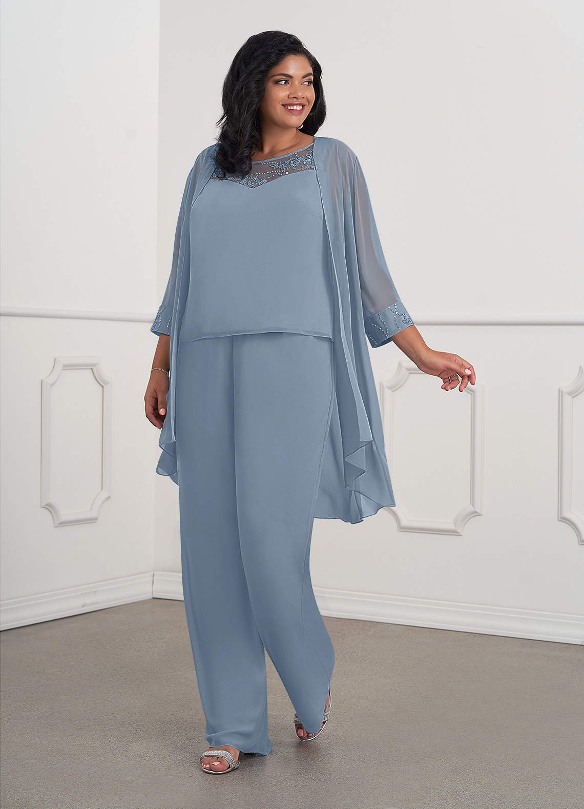 Azazie Maura Mother of the Bride Dresses Dusty Blue Jumpsuit/Pantsuit Sequins Chiffon Dress image1