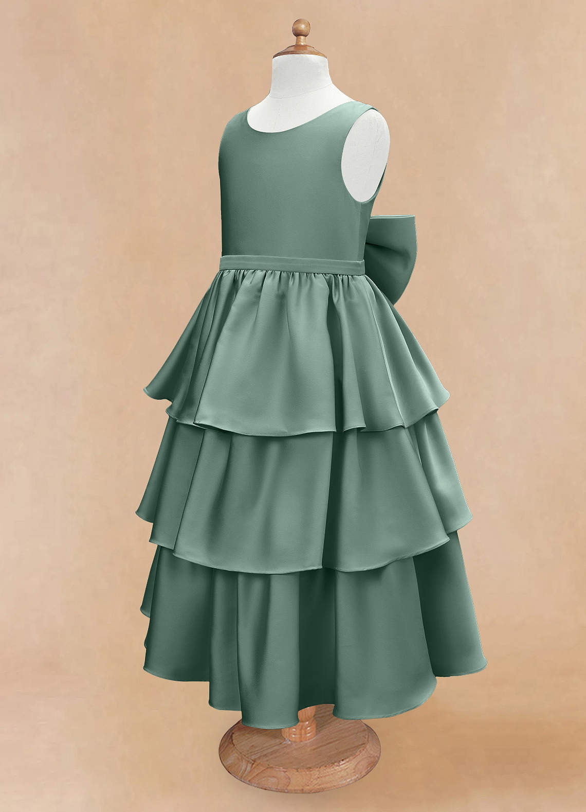 Azazie Margie Flower Girl Dresses Eucalyptus A-Line Bow Stretch Satin Dress image5