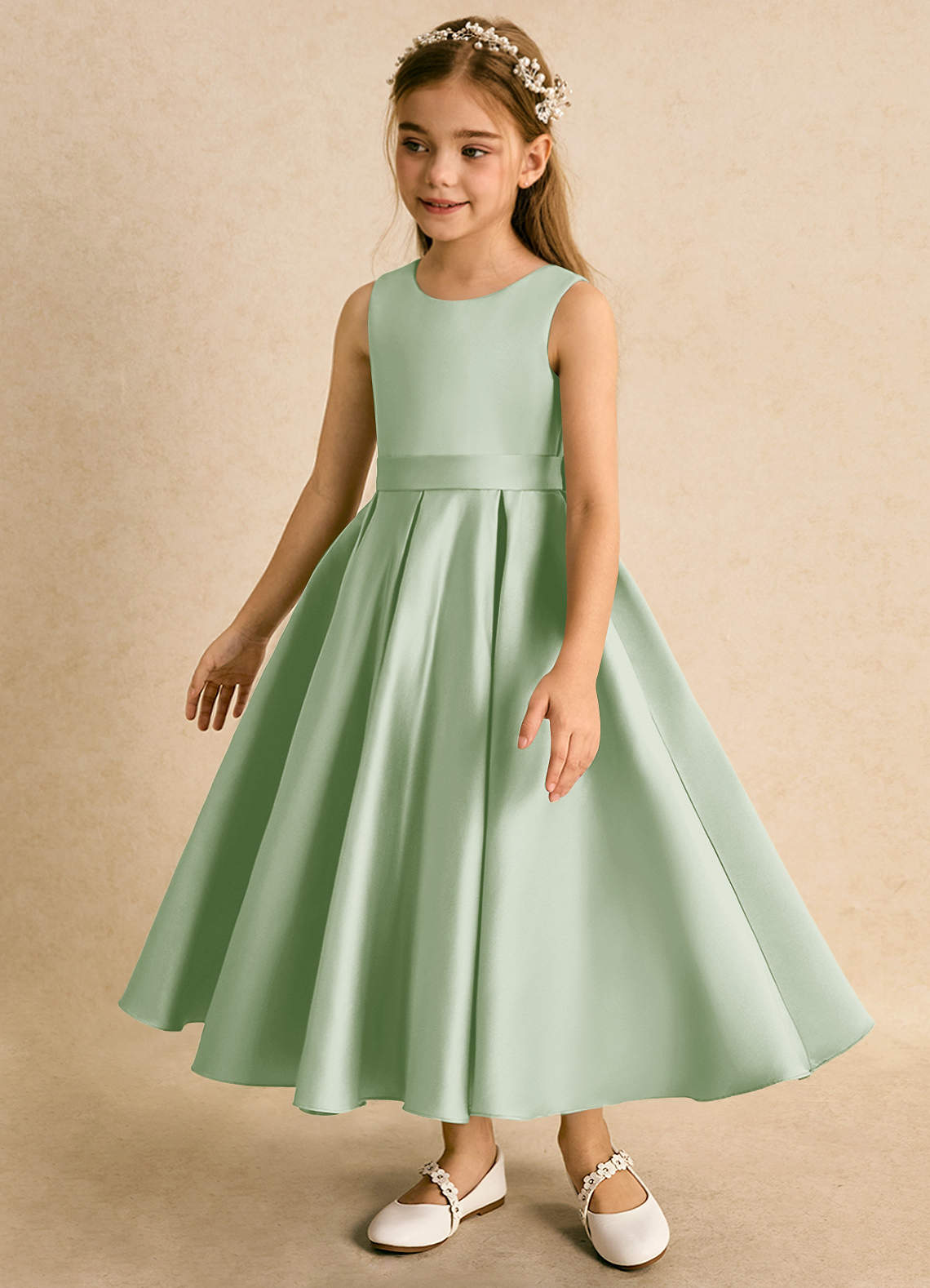 Azazie Junebuj vestidos de niña de las flores Vestido de Salvia Polvorienta de Satin Mate de Princesa con Plisado image2