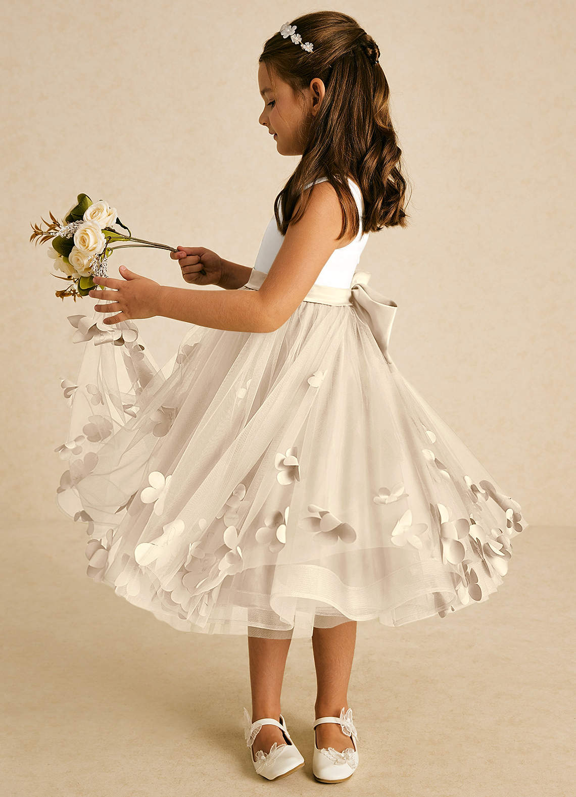 Azazie Sprout Flower Girl Dresses Champagne A-Line Bow Tulle Dress image3