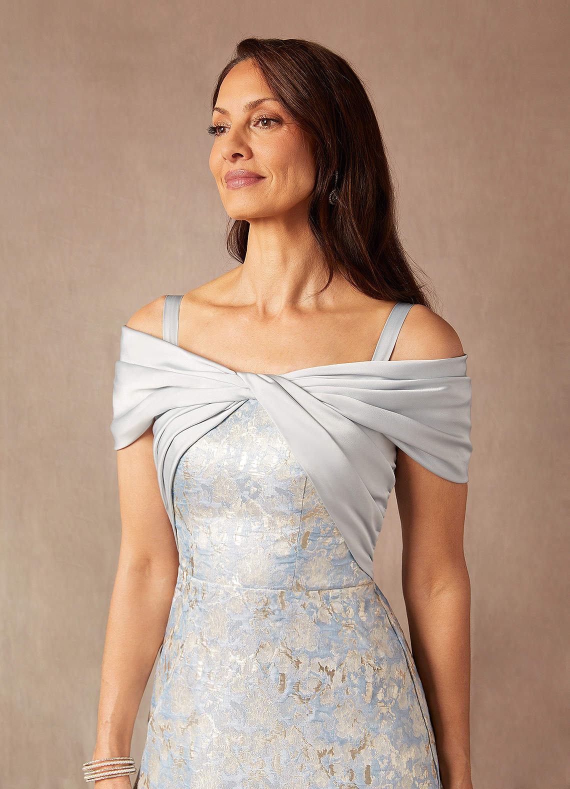 Azazie Amelia Mother of the Bride Dresses Dusty Blue A-Line Off the Shoulder Jacquard Dress image6