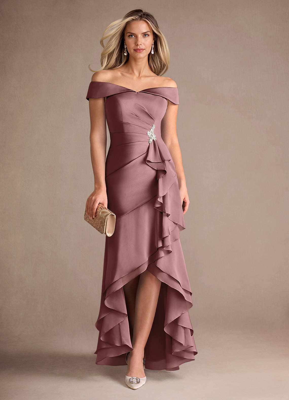 Azazie Billings Mother of the Bride Dresses Vintage Mauve Mermaid Off the Shoulder Stretch Satin Dress image1