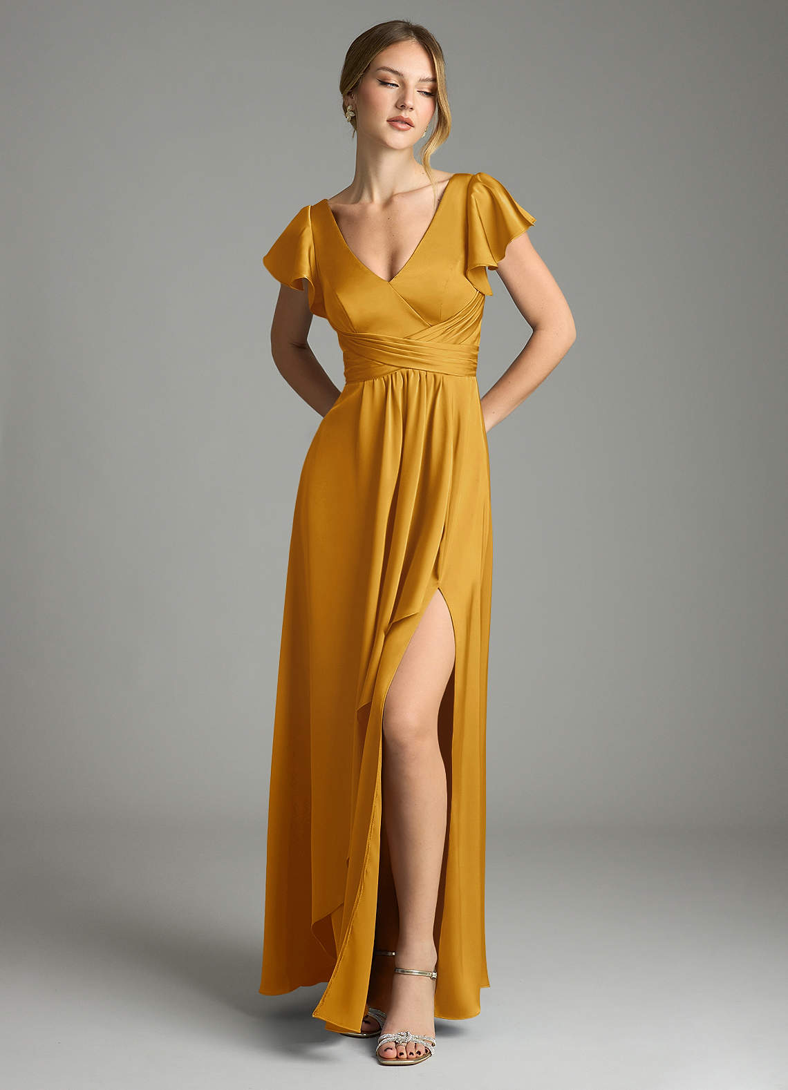 Azazie Omari Vestidos de damas de honor Vestido de Caramelo de Satén Elástico de Corte en A image1