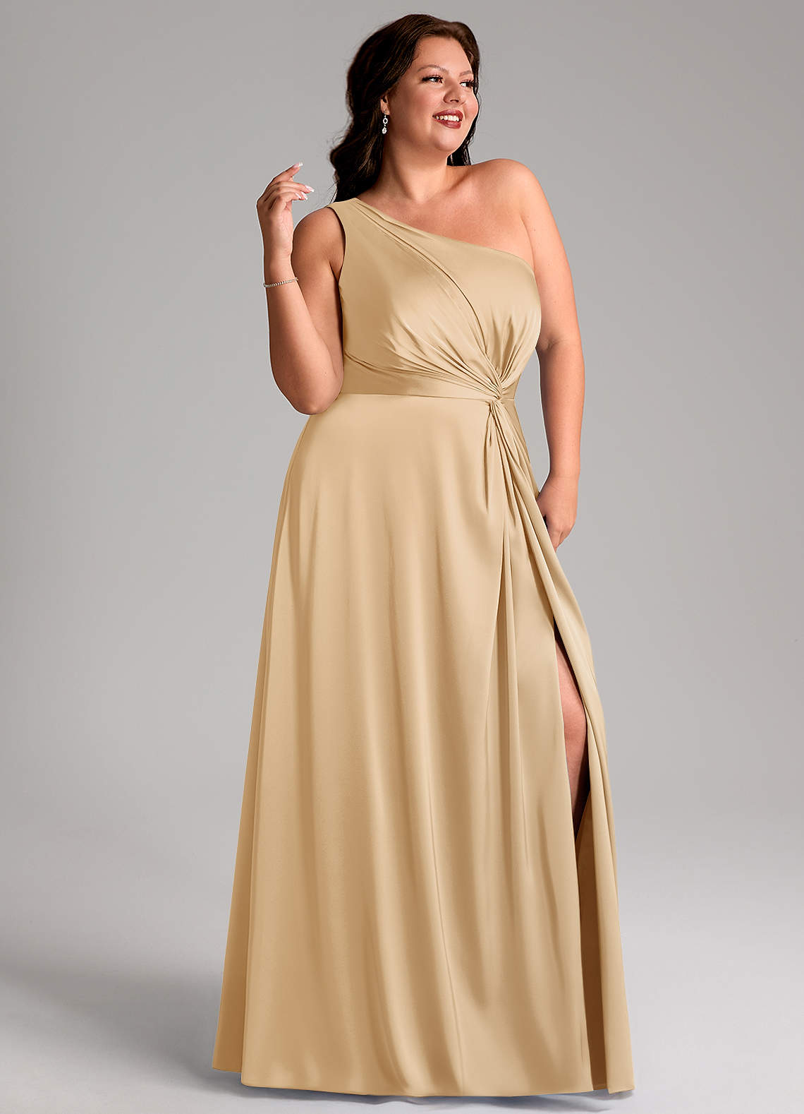 Azazie Brooke Bridesmaid Dresses Gold A-Line One Shoulder Stretch Satin Dress image10