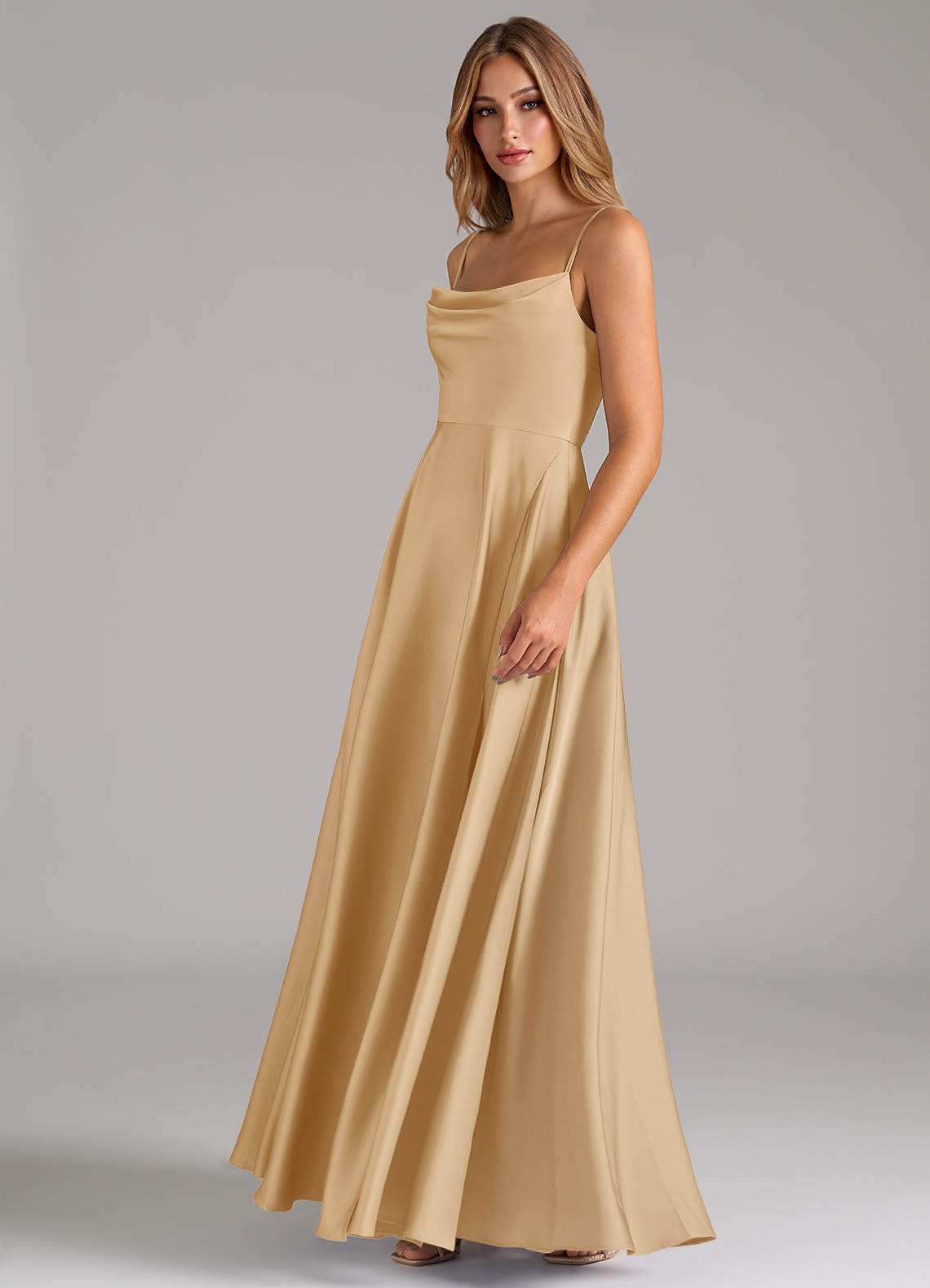 tan and gold bridesmaid dresses Azazie Elle Gold Stretch Satin Bridesmaid Dresses