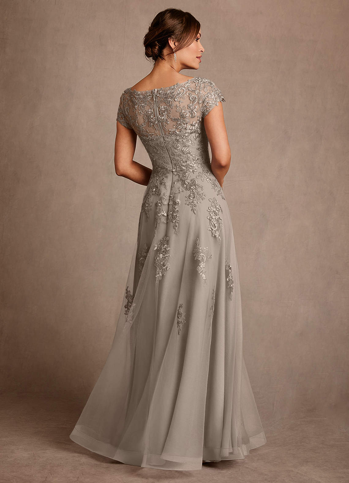 Azazie Jalinda Mother of the Bride Dresses Taupe A-Line Lace Chiffon Dress image1