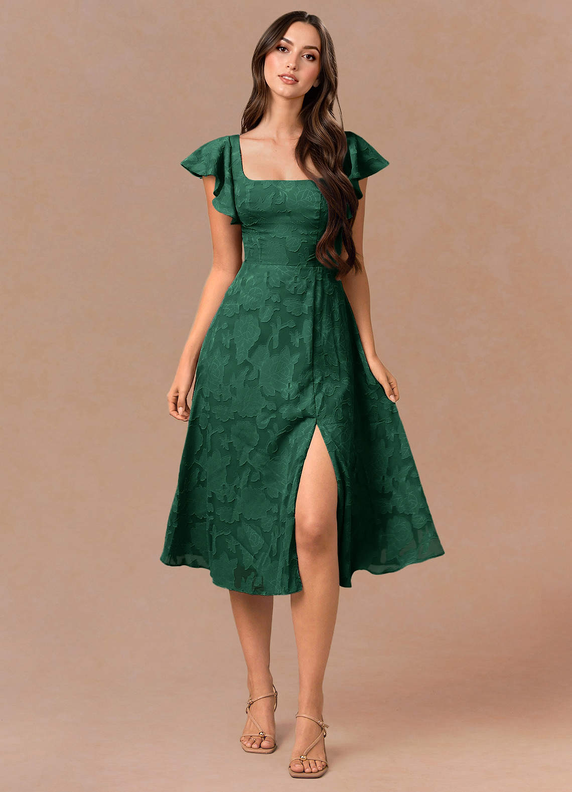 green midi dress sleeves Talia Emerald Mac duggal