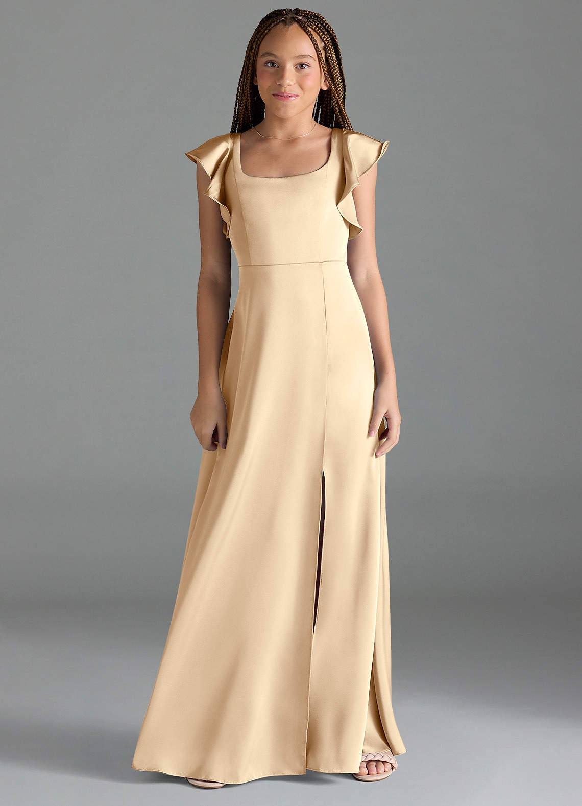 Azazie Bondi Junior Champagne A-Line Side Slit Stretch Satin Dress image1
