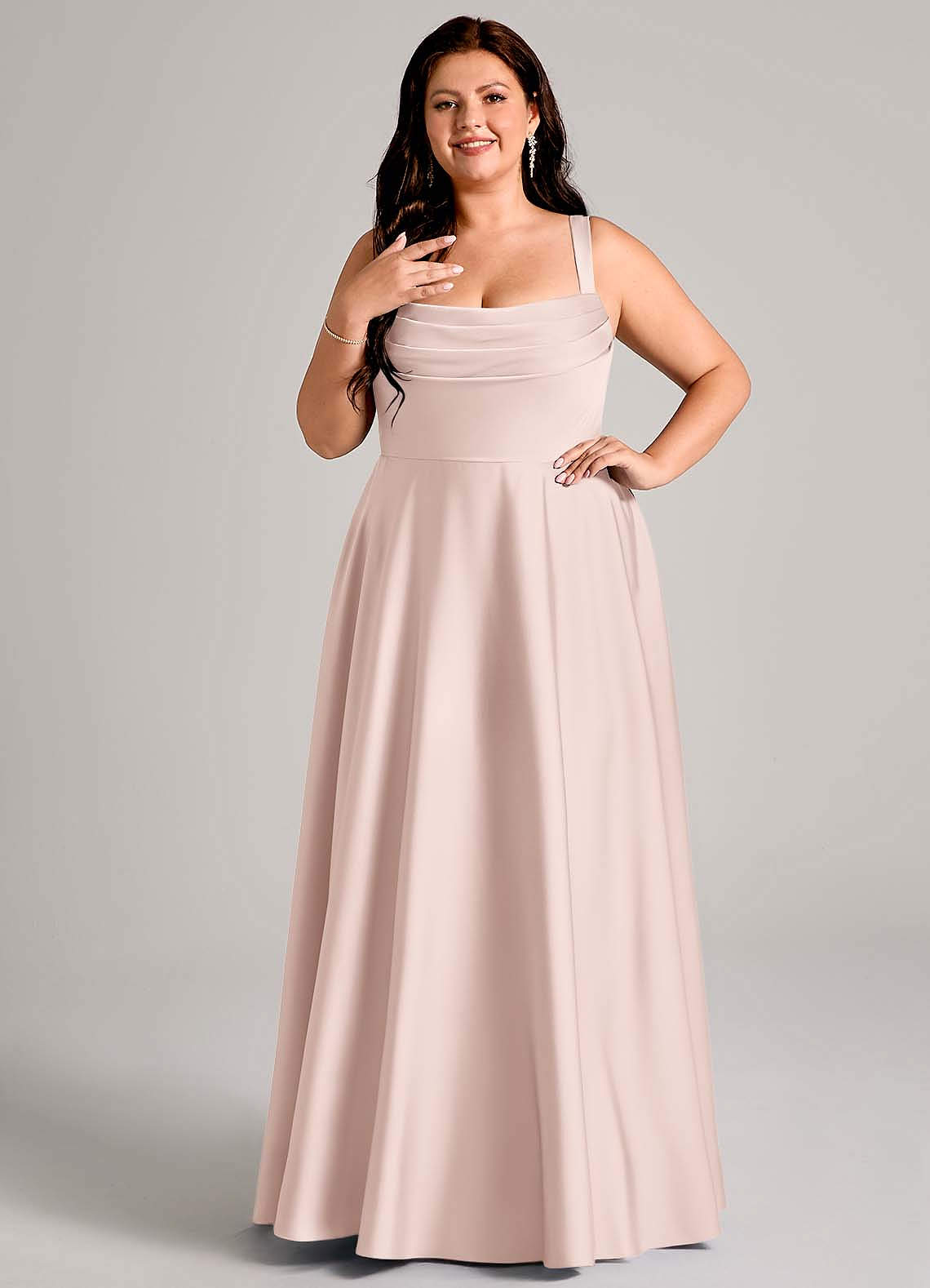 Azazie Shaude Bridesmaid Dresses Blushing Pink A-Line Pleated Stretch Satin Dress image1