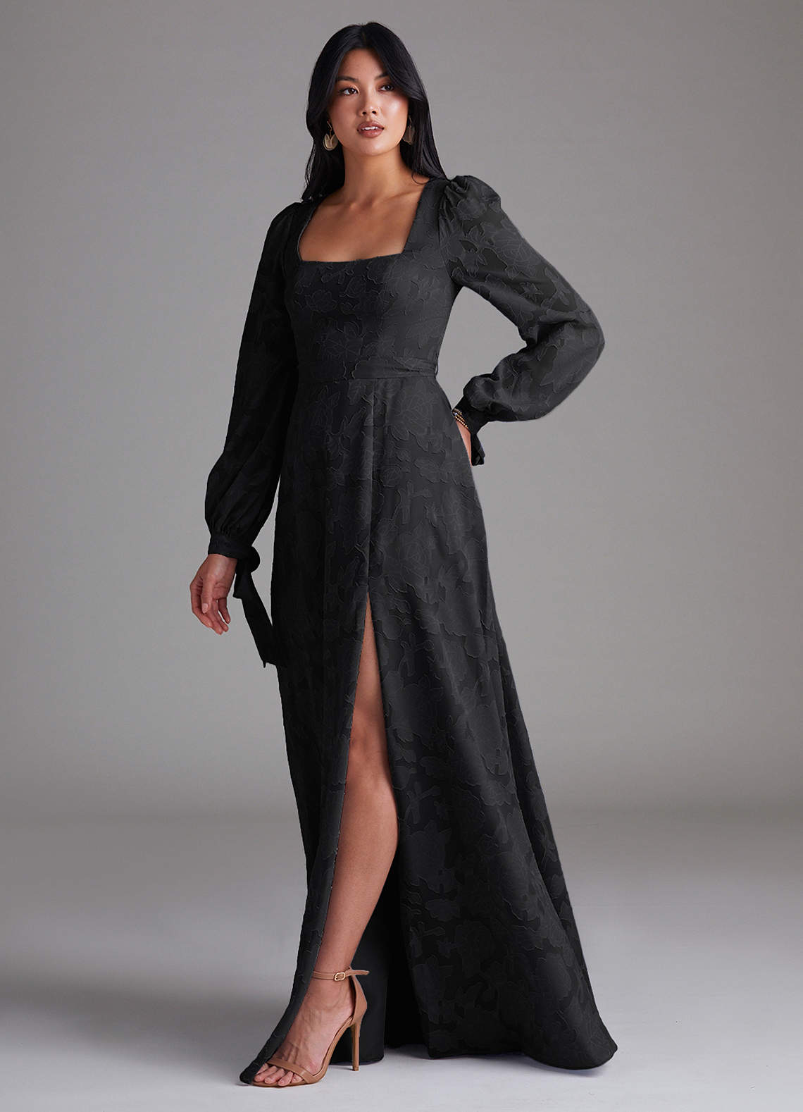 Azazie Leonia Bridesmaid Dresses Black A-Line Long Sleeve Floral Burnout Dress image1