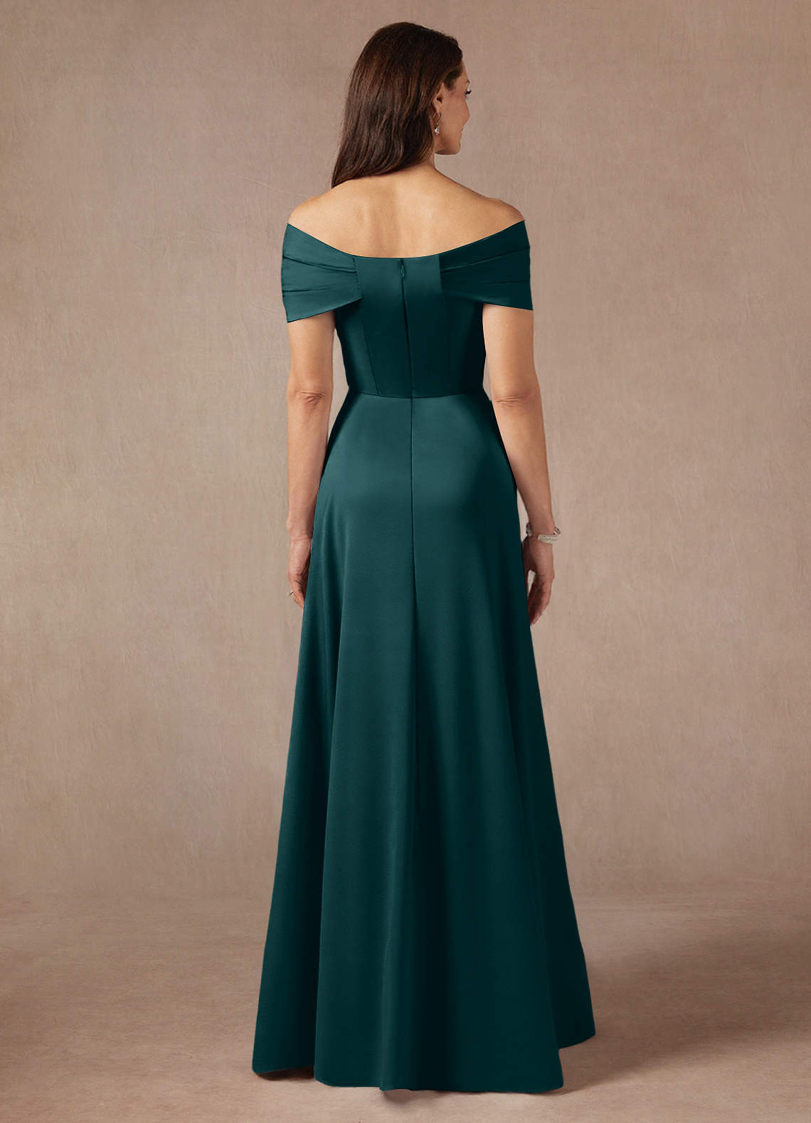 Azazie Amelia Mother of the Bride Dresses Pine A-Line Off the Shoulder Stretch Satin Dress image5