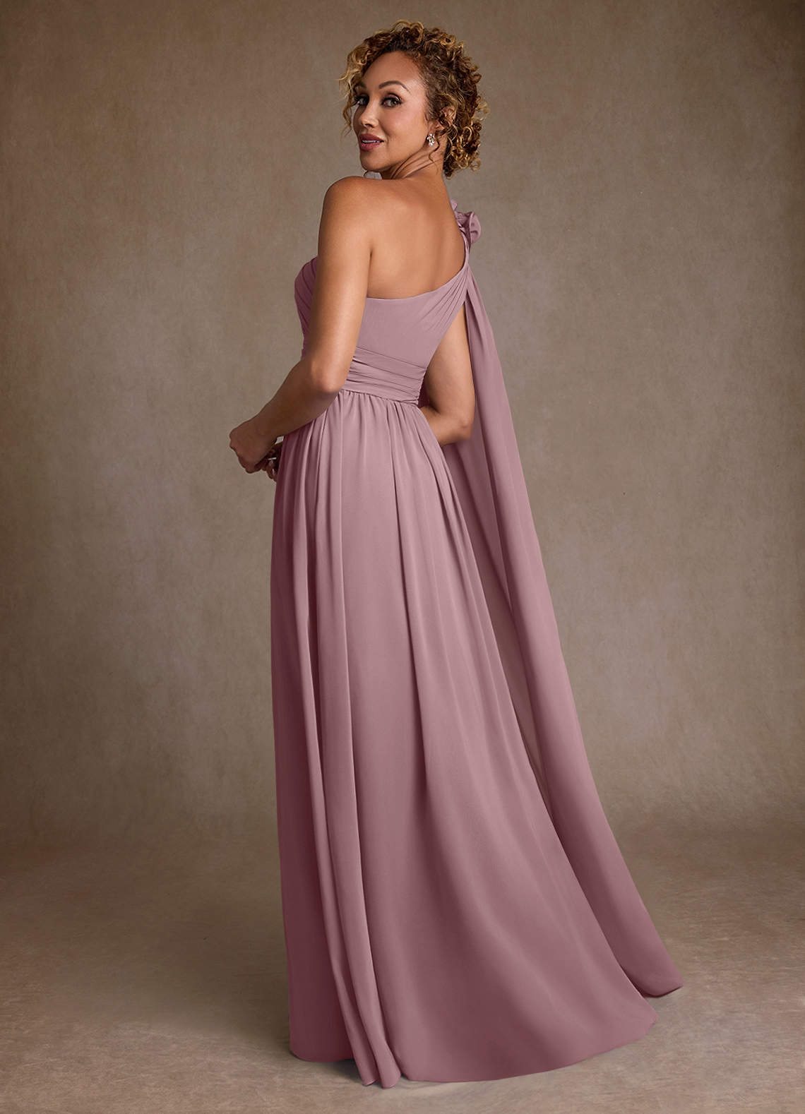 Azazie Lancaster Mère de la mariée Robes Robe Trapèze en Mousseline de soie Une épaule Rose Poussiéreuse image1