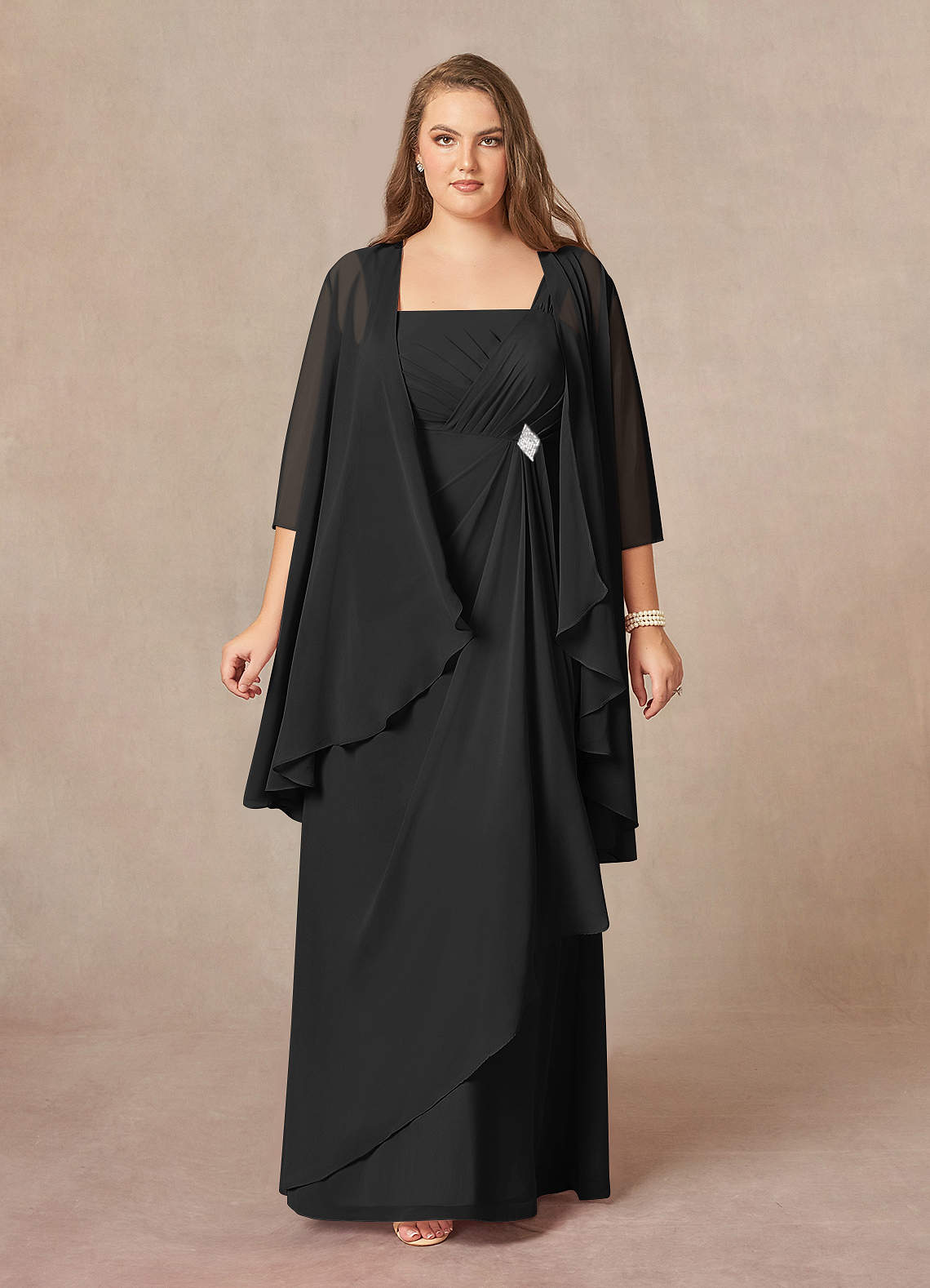 Azazie Weisz Mother of the Bride Dresses Black A-Line Square Neckline Pleated Chiffon Dress image1