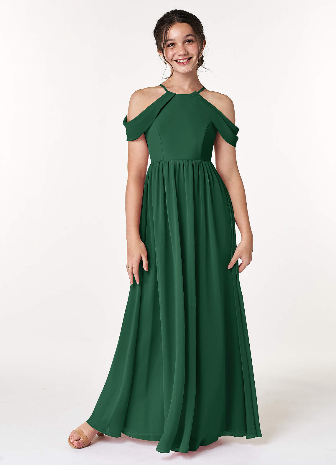 Azazie Seneca Junior Jurk van Chiffon met A-Lijn Off the Shoulder Donkergroen image1