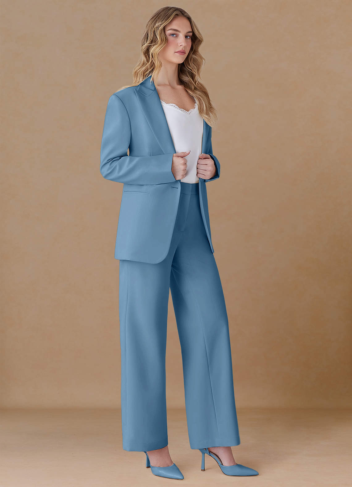 front Amelia Steel Blue Refined Weave Performance Oversized Blazer