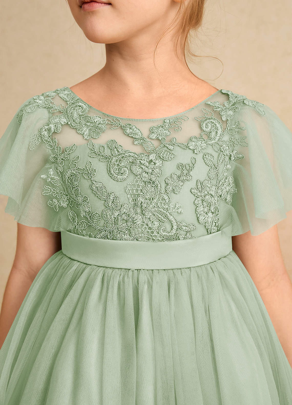 Azazie Queenie Flower Girl Dresses Dusty Sage A-Line Lace Dress image3