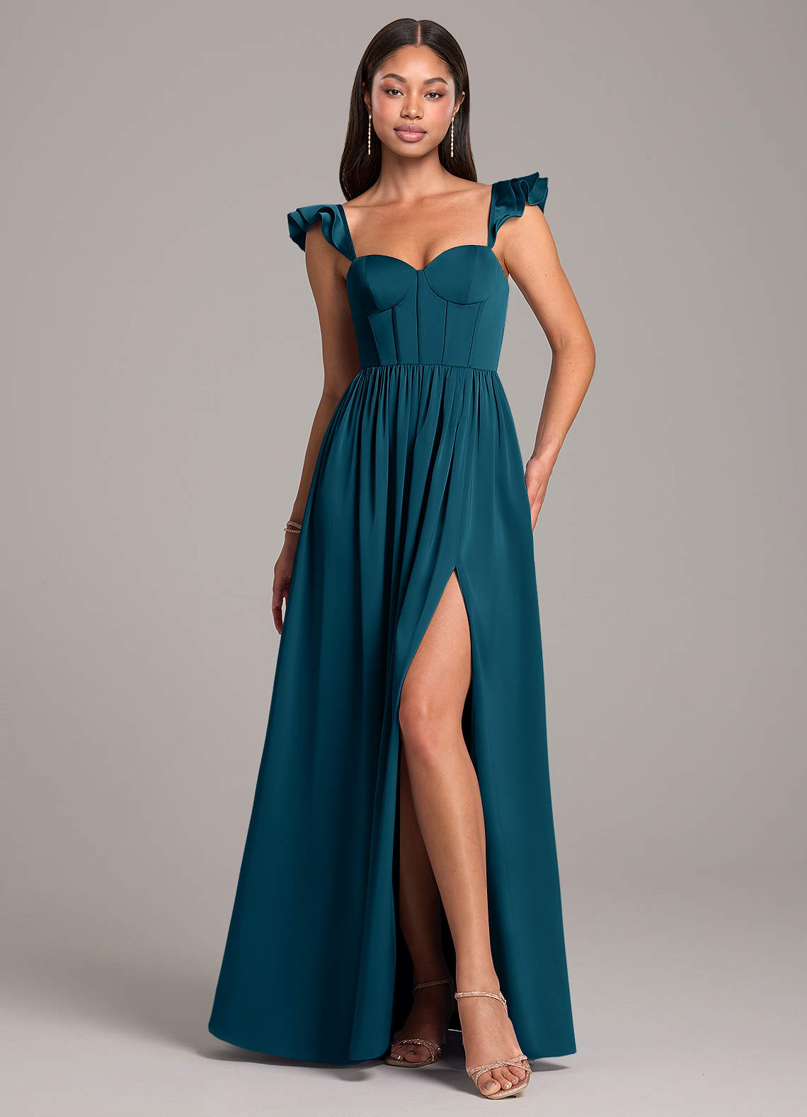 Azazie Denisse Brautjungfernkleider A-Linie Gestreift Stretch-Satin Kleid Tintenblau image1