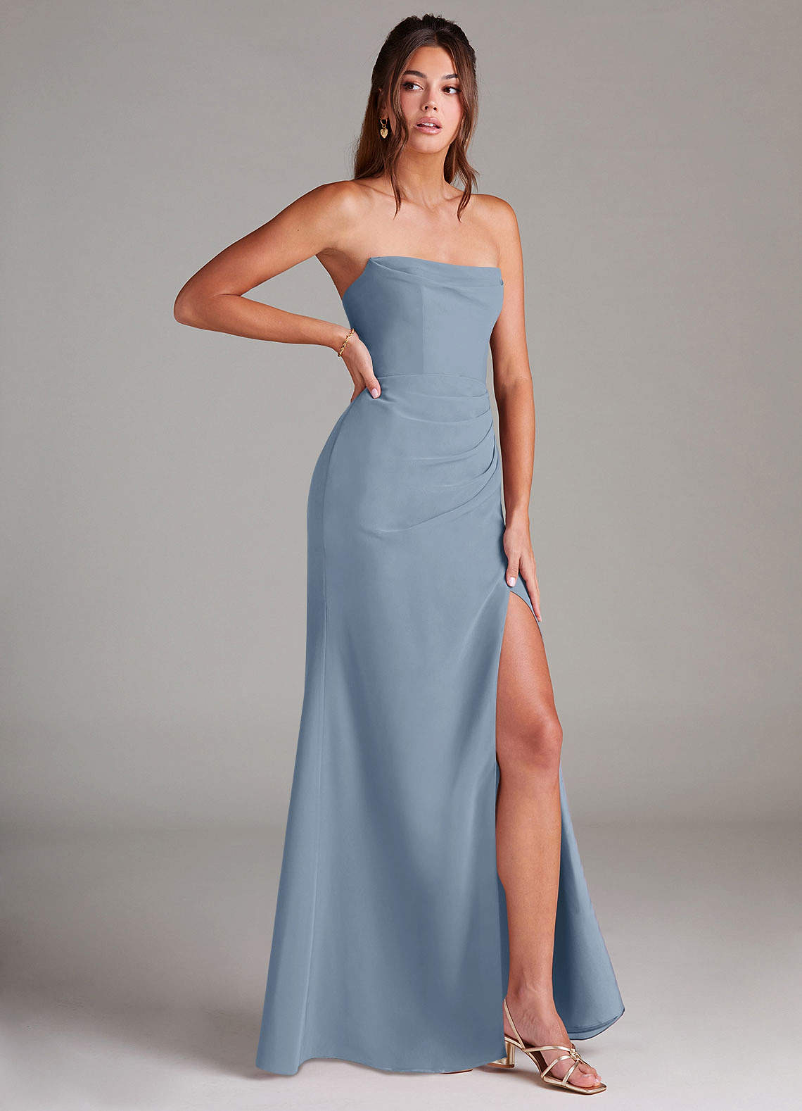 Azazie Leonis Bridesmaid Dresses Dusty Blue Sheath Strapless Chiffon Convertible Dress image7