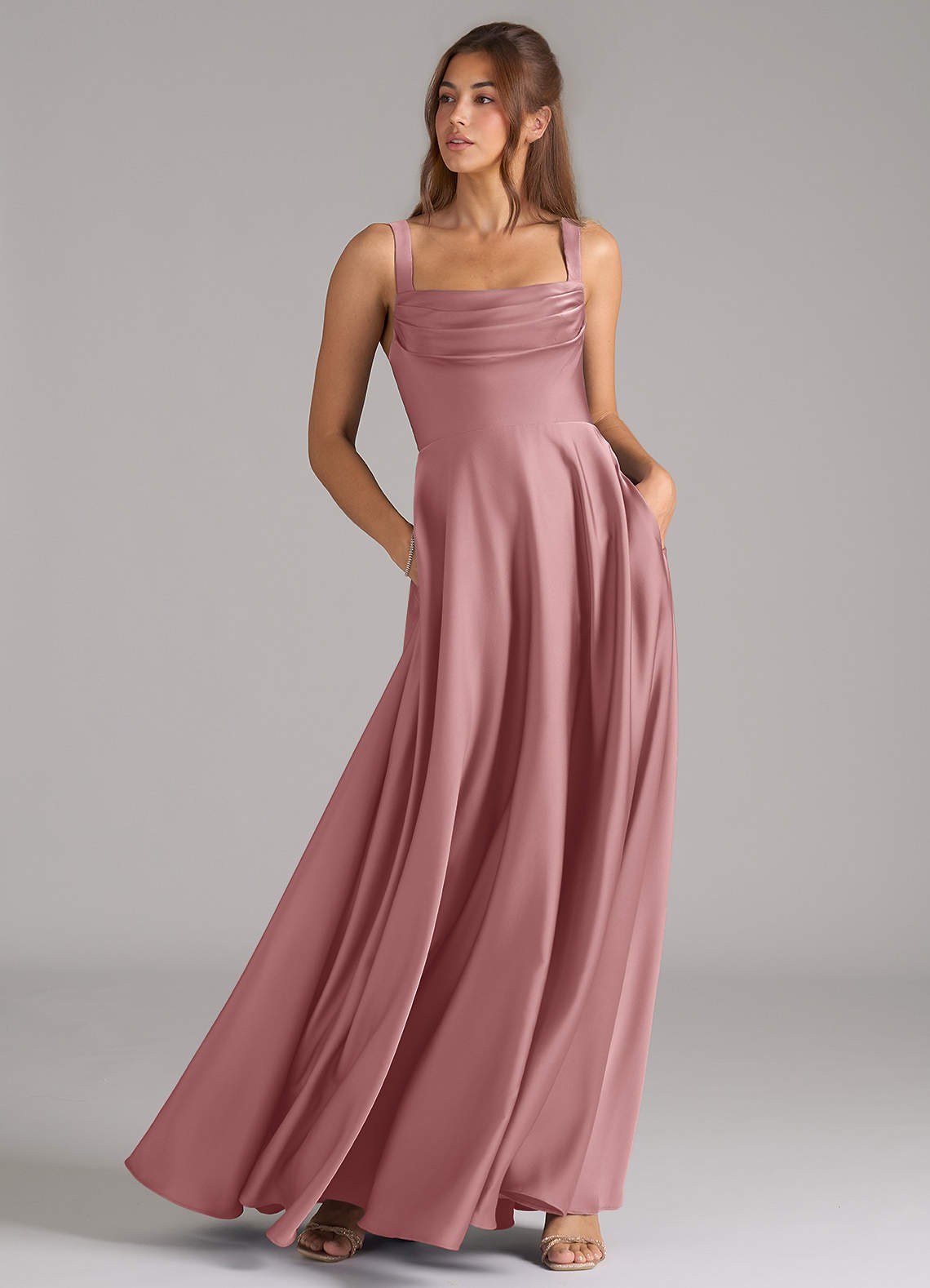 Azazie Shaude Bridesmaid Dresses Dusty Rose A-Line Pleated Stretch Satin Dress image2
