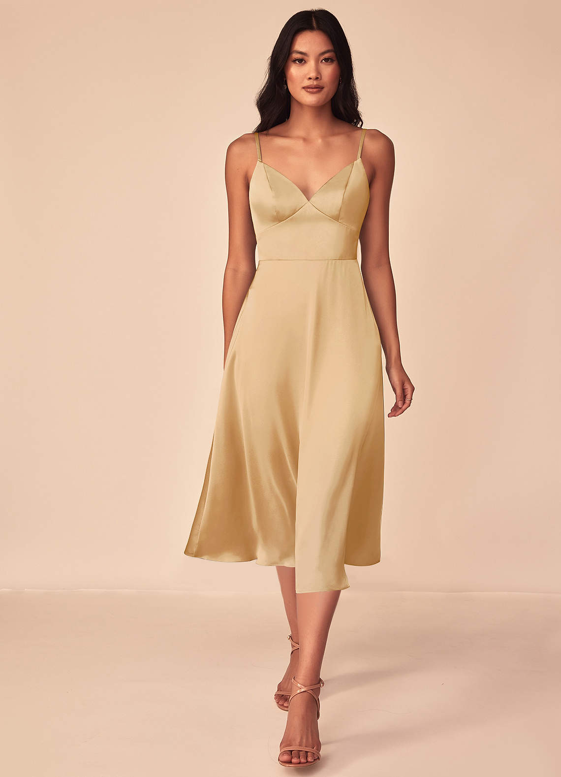 Azazie Dottie Bridesmaid Dresses Gold A-Line Stretch Satin Dress image1