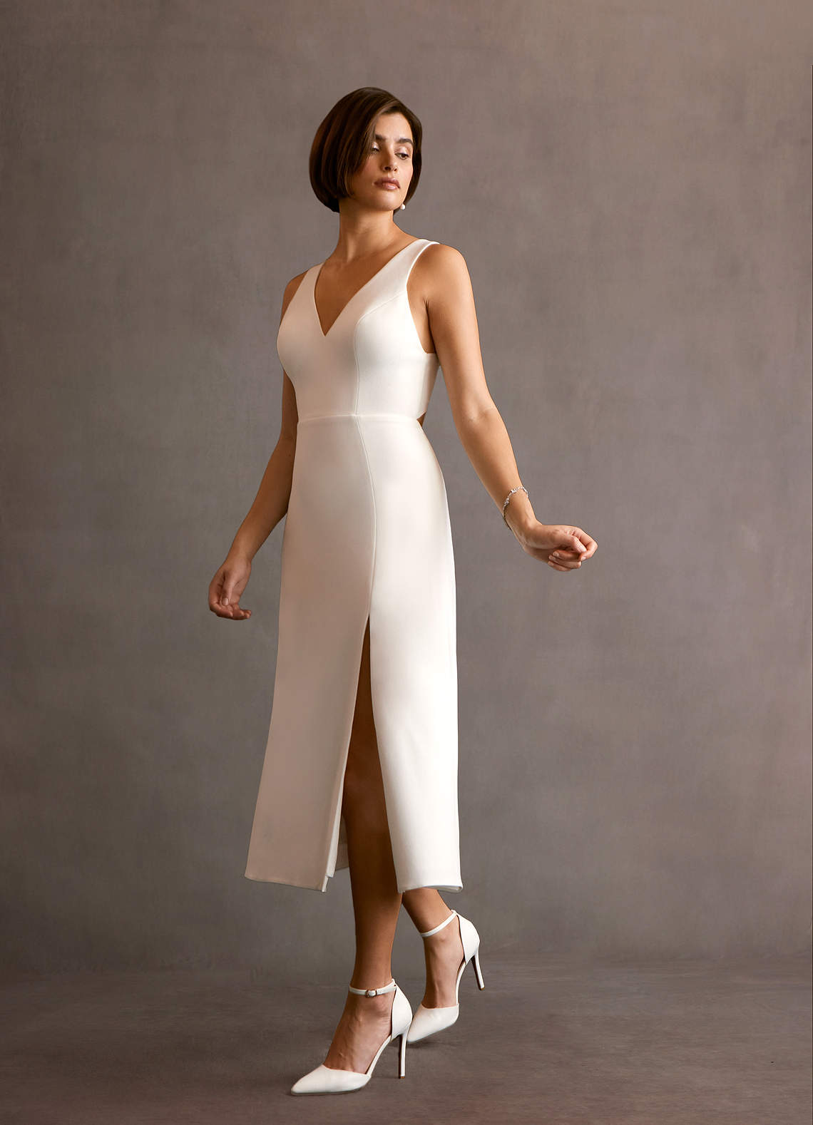 Azazie Chari Wedding Dresses Diamond White A-Line V-Neck Stretch Crepe Dress image1