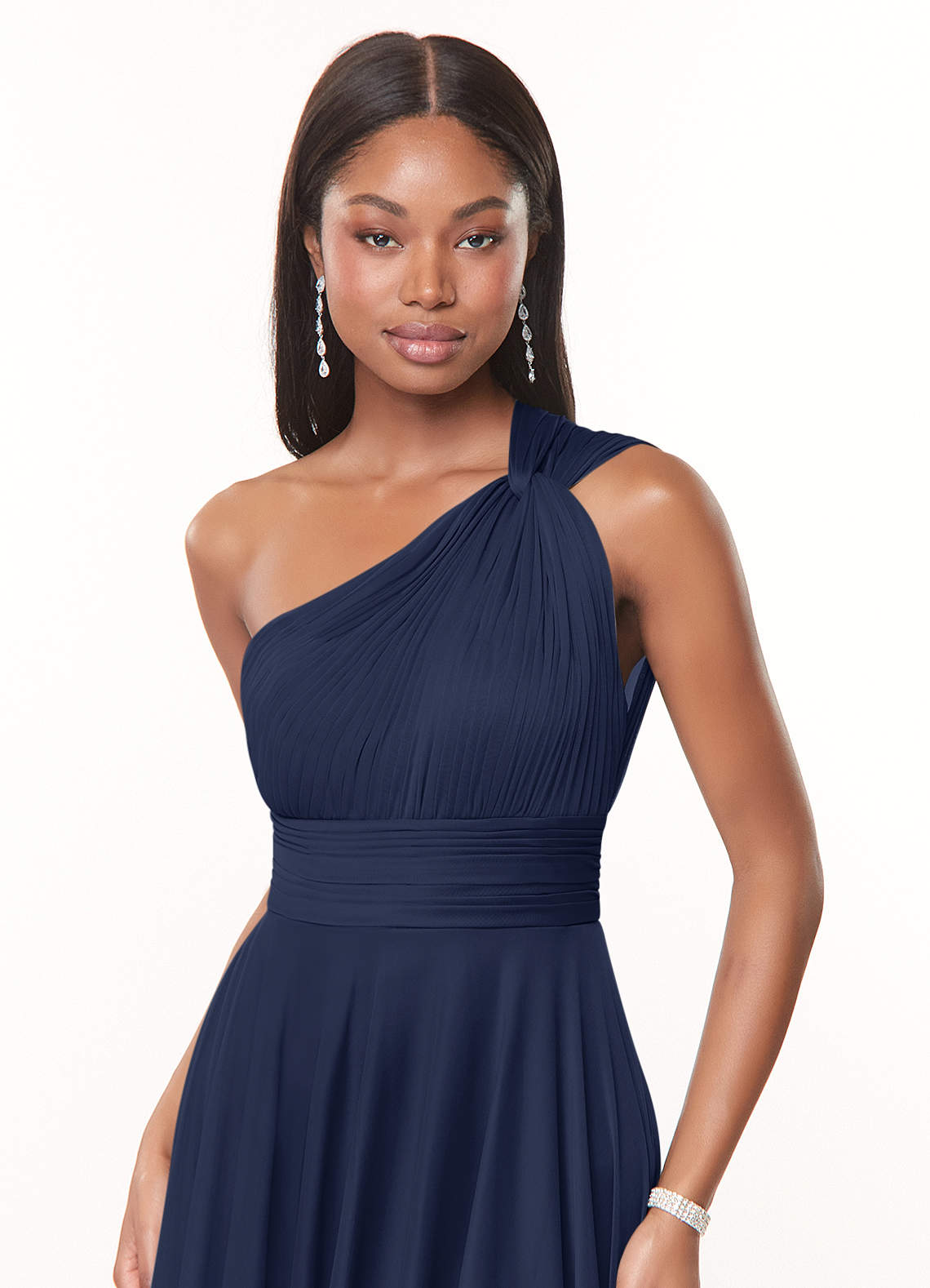 navy mid length bridesmaid dress Azazie Charlize Ready to Ship Dark Mesh Dresses David's Bridal Short Navy