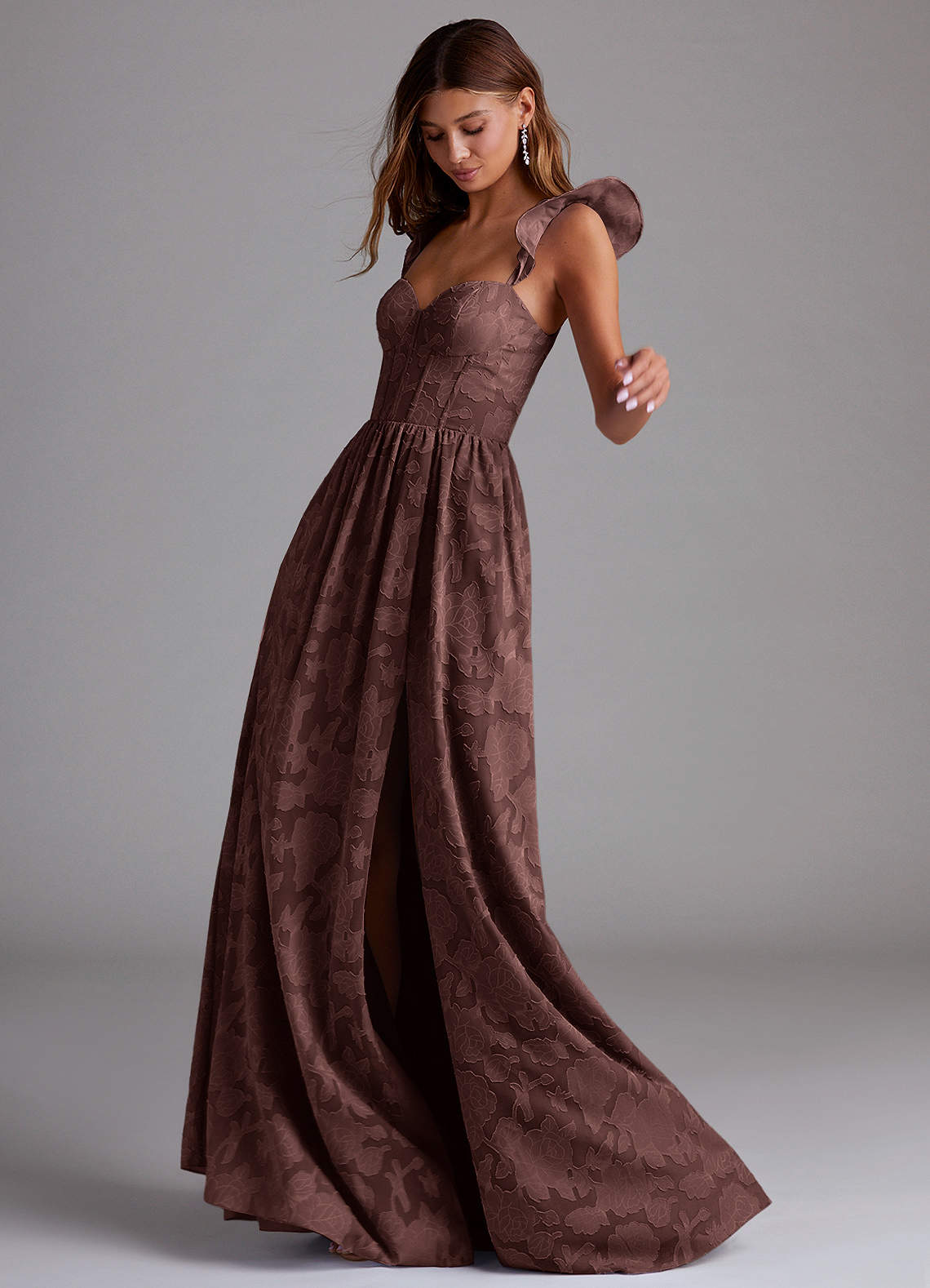 Azazie Denisse Vestidos de madrinha de casamento Vestido Café Expresso de Esgotamento Floral de Linha A com Ruched image1