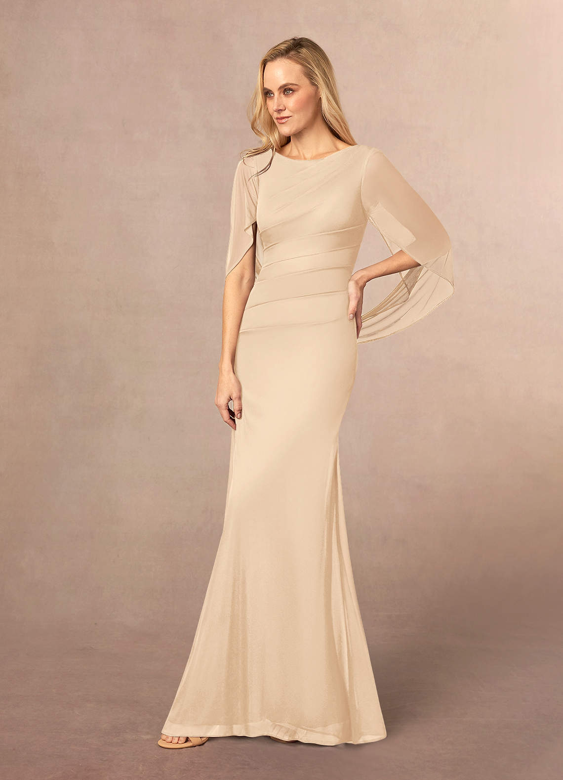 Azazie Belladonna Mother of the Bride Dresses Champagne Mermaid Scoop Pleated Mesh Dress image2