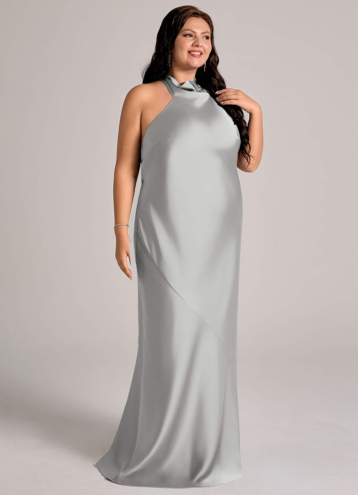 Azazie Velli Bridesmaid Dresses Silver Mermaid High Neck Stretch Satin Dress image6