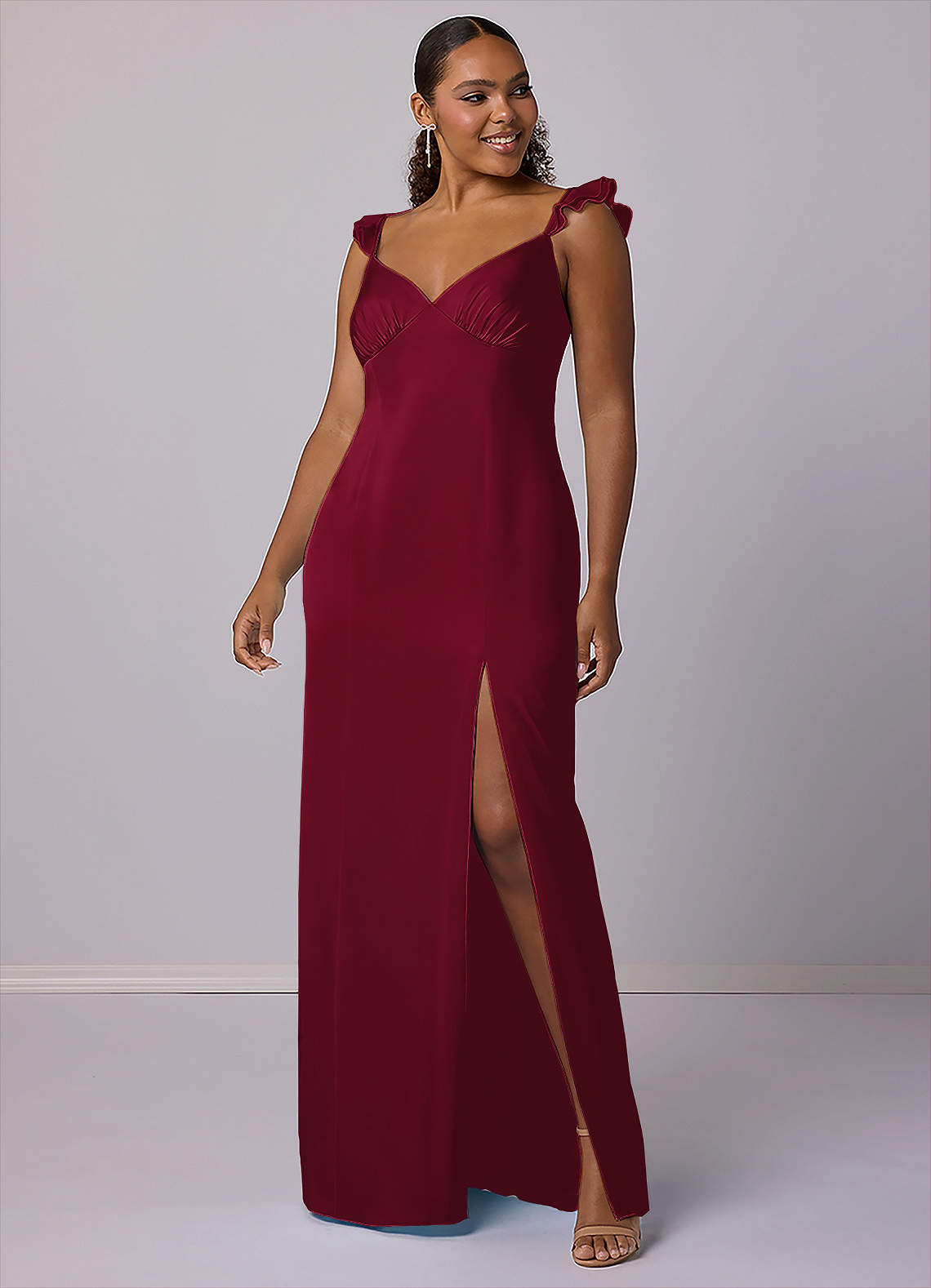 Barbie ♥ Azazie Bridesmaid Dresses Burgundy Sheath Stretch Satin Dress image1