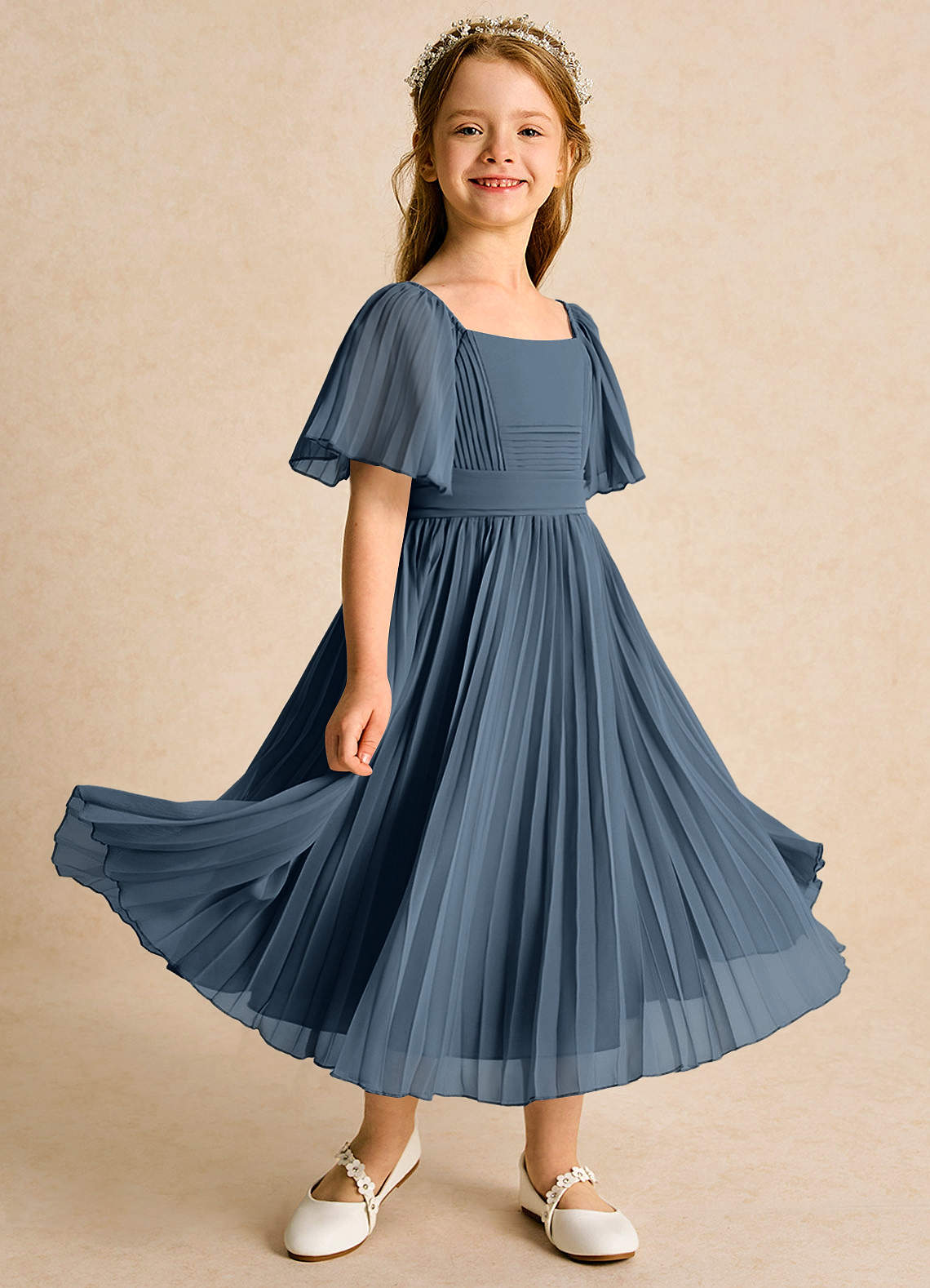 Azazie Gisele Abiti da Ragazza di Fiori Abito A-Line in Chiffon Plissettato Blu Nettuno image1