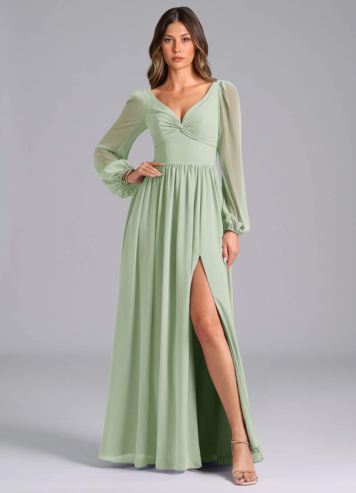 Azazie Zeya Bridesmaid Dresses Dusty Sage A-Line Long Sleeve Chiffon Dress image1