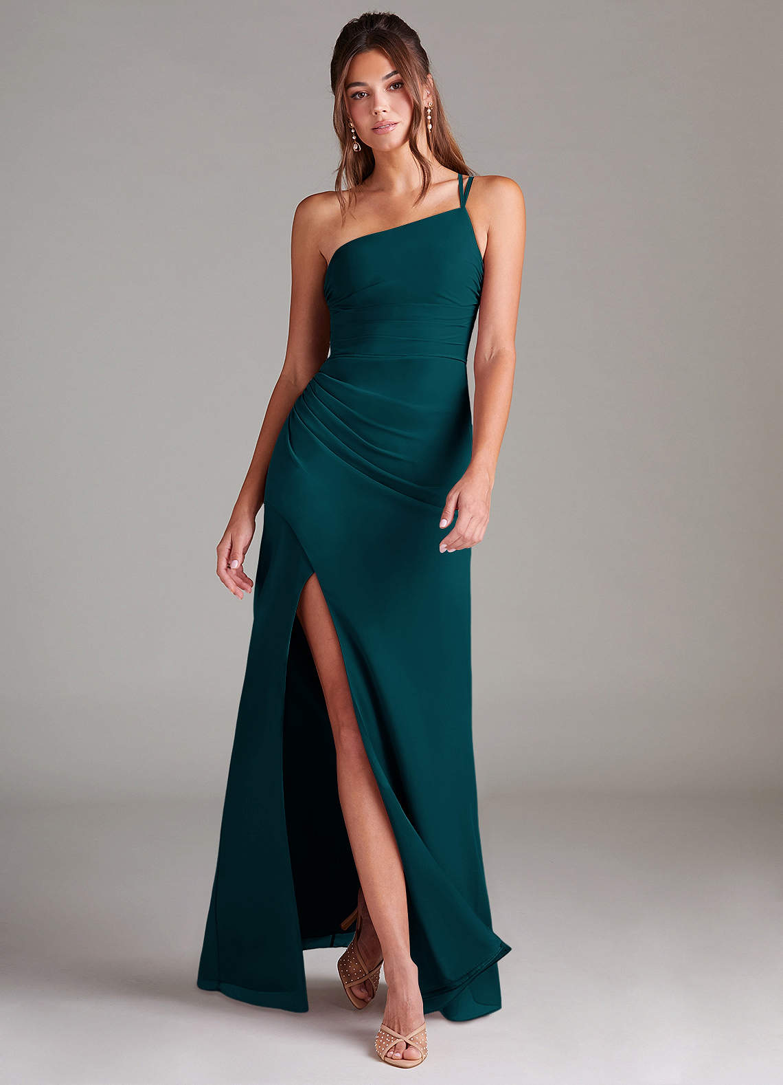 Azazie Eren Jurken voor bruidsmeisjes Jurk van Chiffon met Kolom One-Shoulder Pijnboom image1