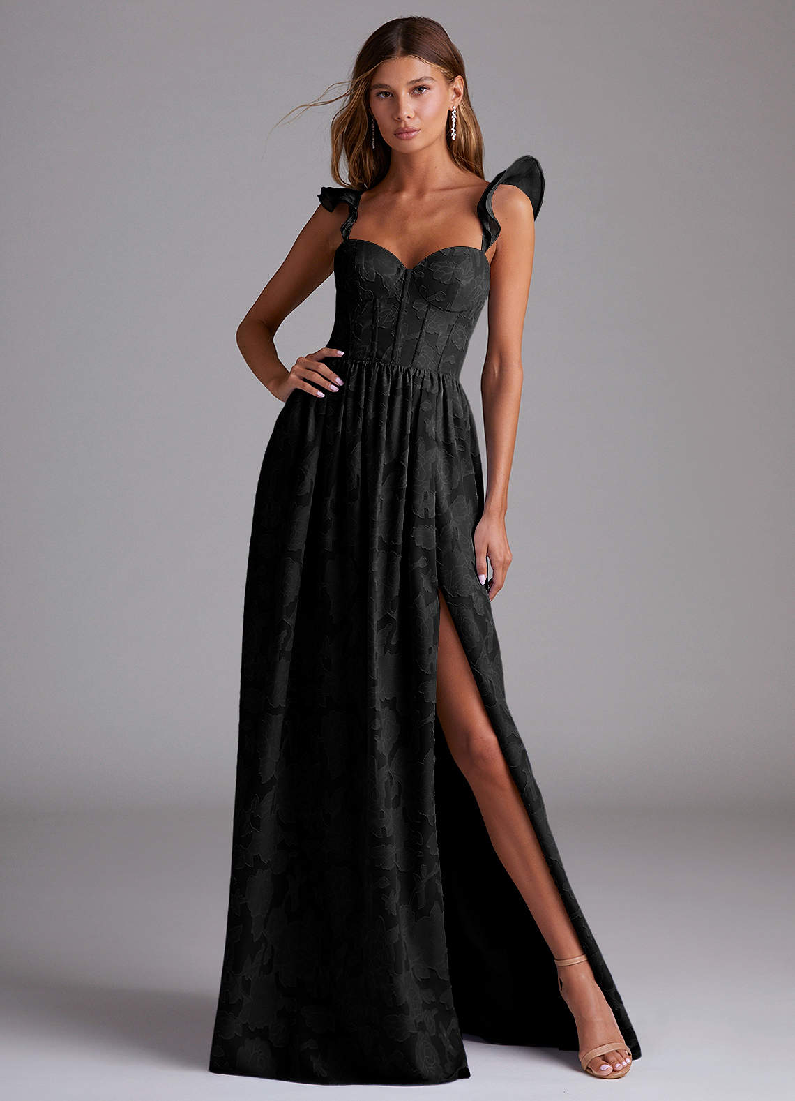 Azazie Denisse Bridesmaid Dresses Black A-Line Ruched Floral Burnout Dress image1